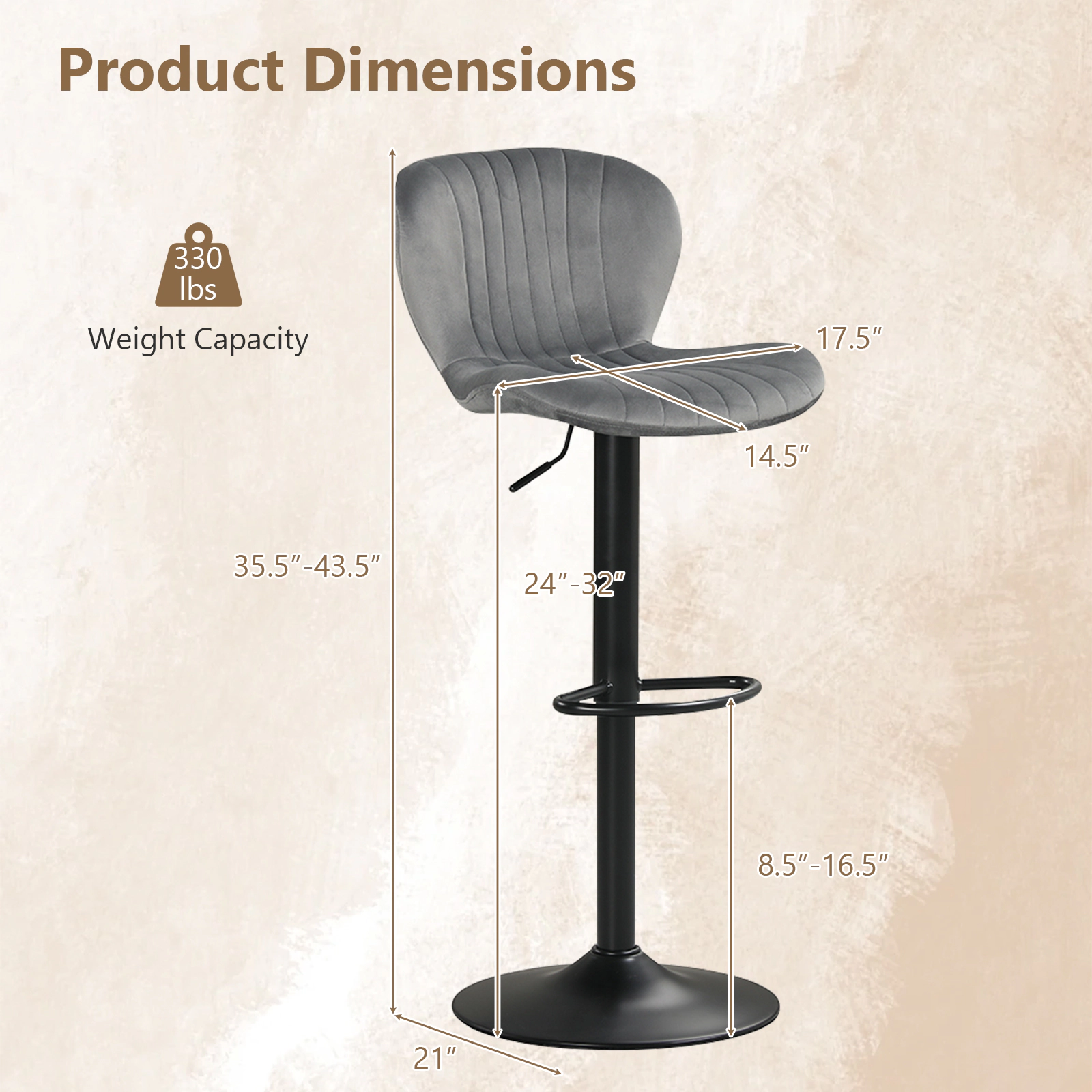 SUGIFT Adjustable Counter Height Bar Stools 330-lb Capacity with 360° Swivel and Footrests Black/Gray + Black