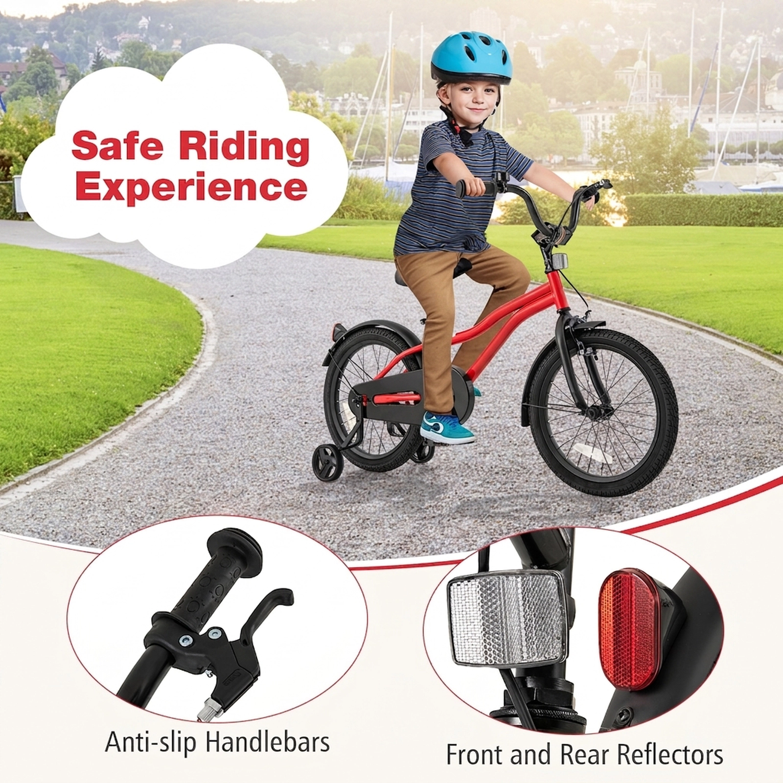 18-in Kids Bike Red Bicycle Quick Release Seat Detachable Training Wheels Puncture Resistant Tires Bell Ages 4-8