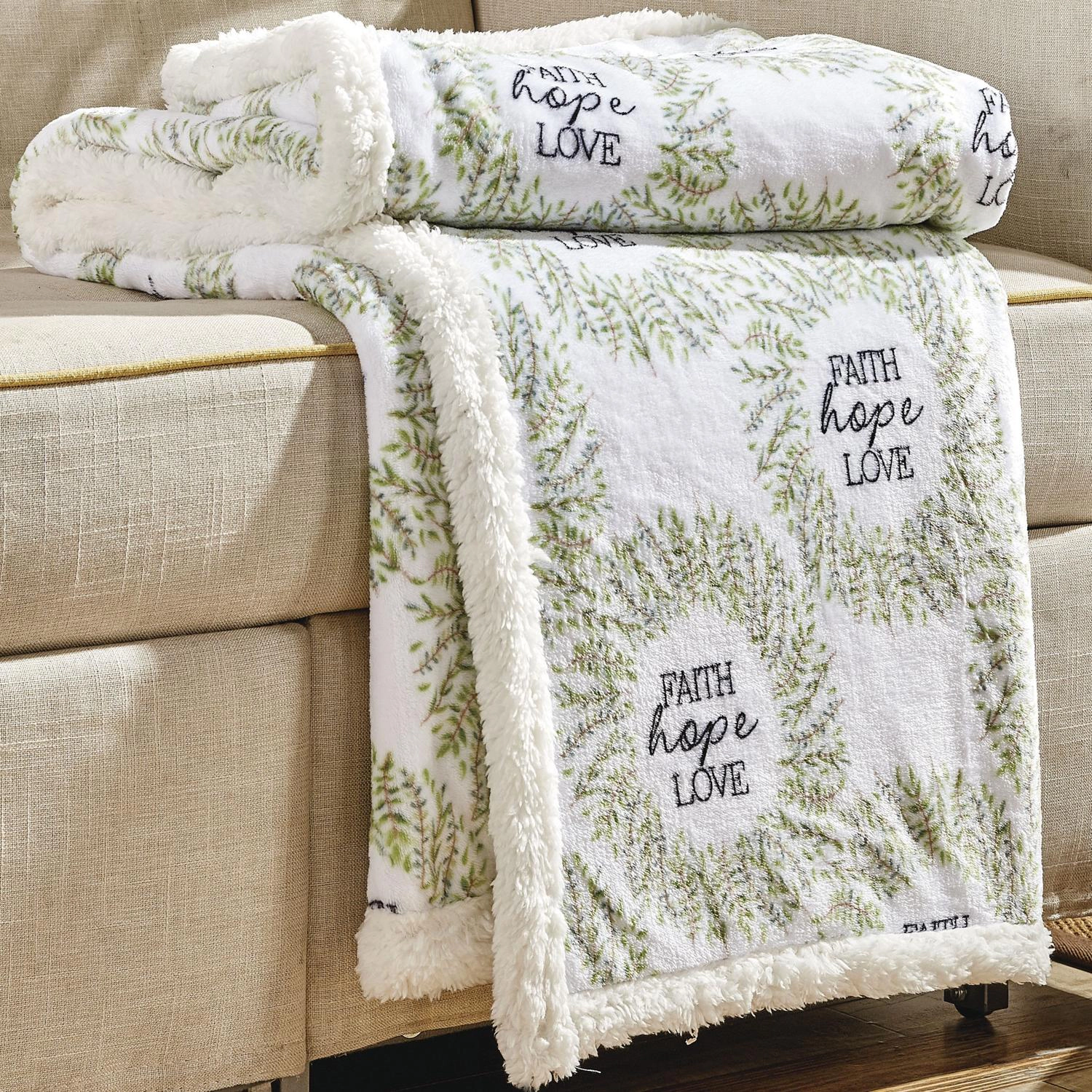 Plazatex Faith, Hope & Love with Sherpa Plush Decorative All Season Plum Throw Blanket 50" x 60" White