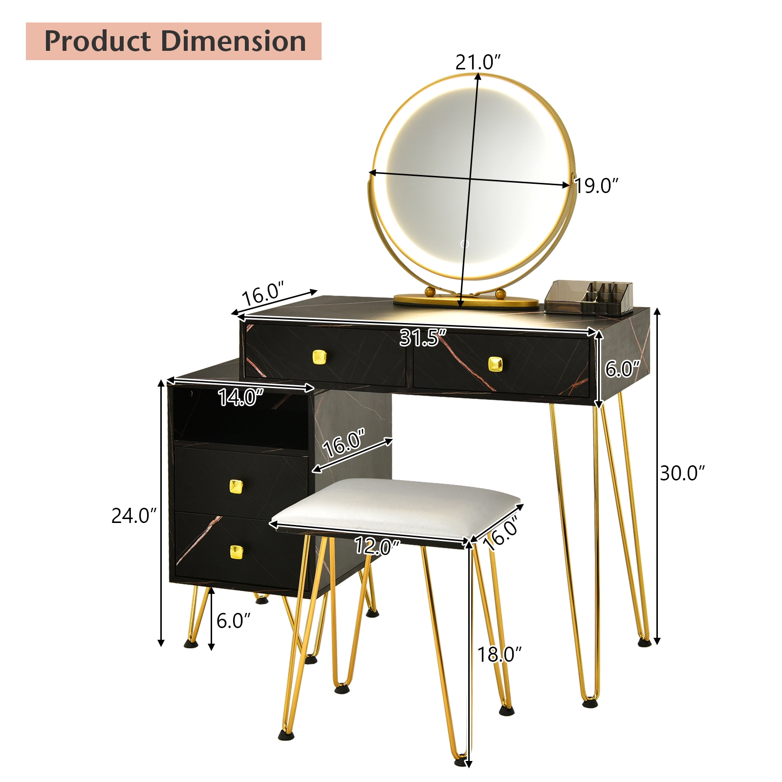 SUGIFT Modern Dressing Table with Storage Cabinet, Stool and LED Mirror 88-lb Table 220-lb Stool Capacity Black
