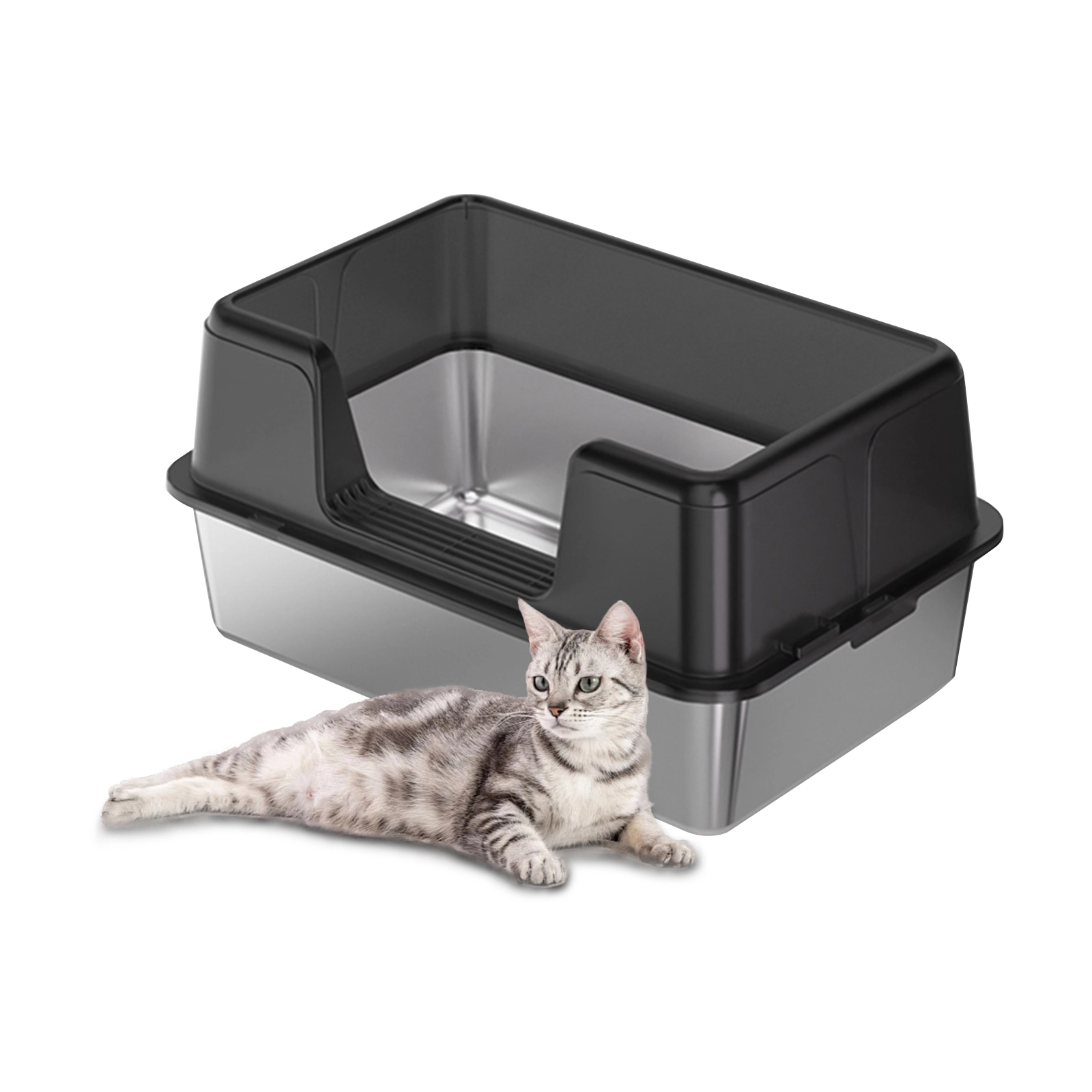 Extra-Large Open Stainless-Steel Cat Litter Box, High-Sided Anti-Splashing Litter Pan 60x40x36.5cm, Black