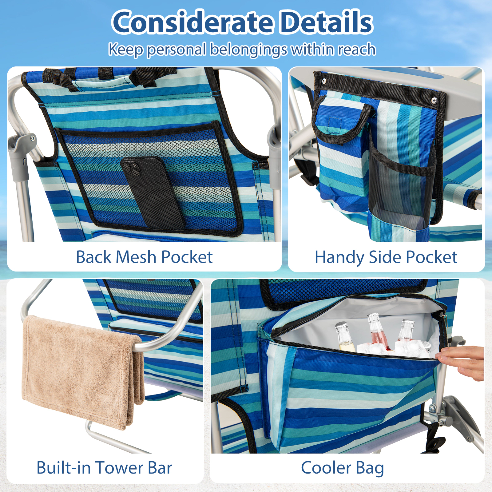 SUGIFT Set of 2 Folding Beach Chairs Blue with 4 Position Backrest and Aluminum Frame