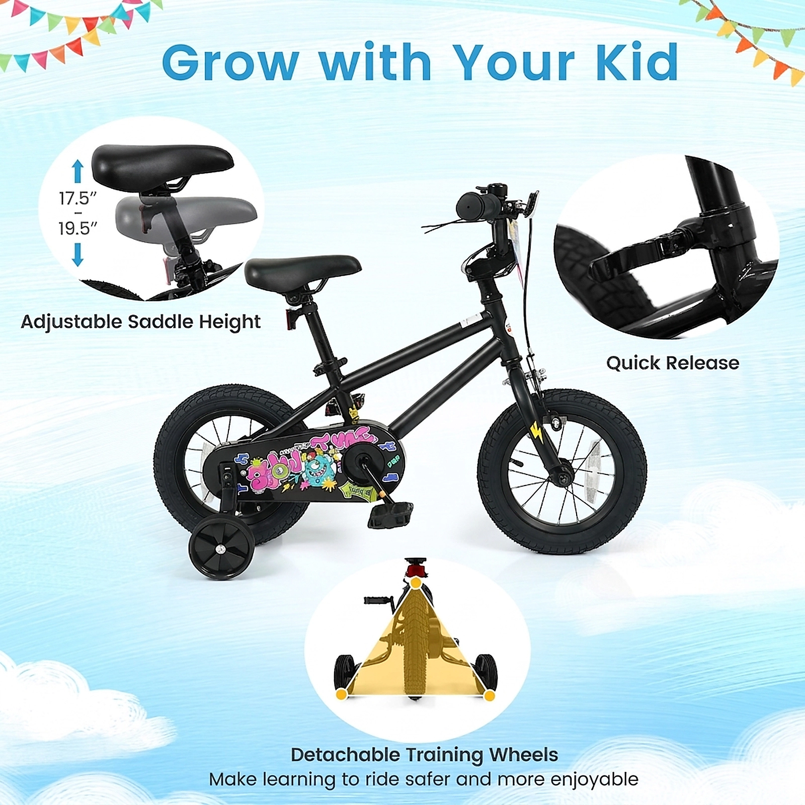 SUGIFT 12-Inch Kids Bike with Training Wheels 110-lb Capacity Ages 3-4 Years 36-in Frame Adjustable Saddle Black 1-Piece