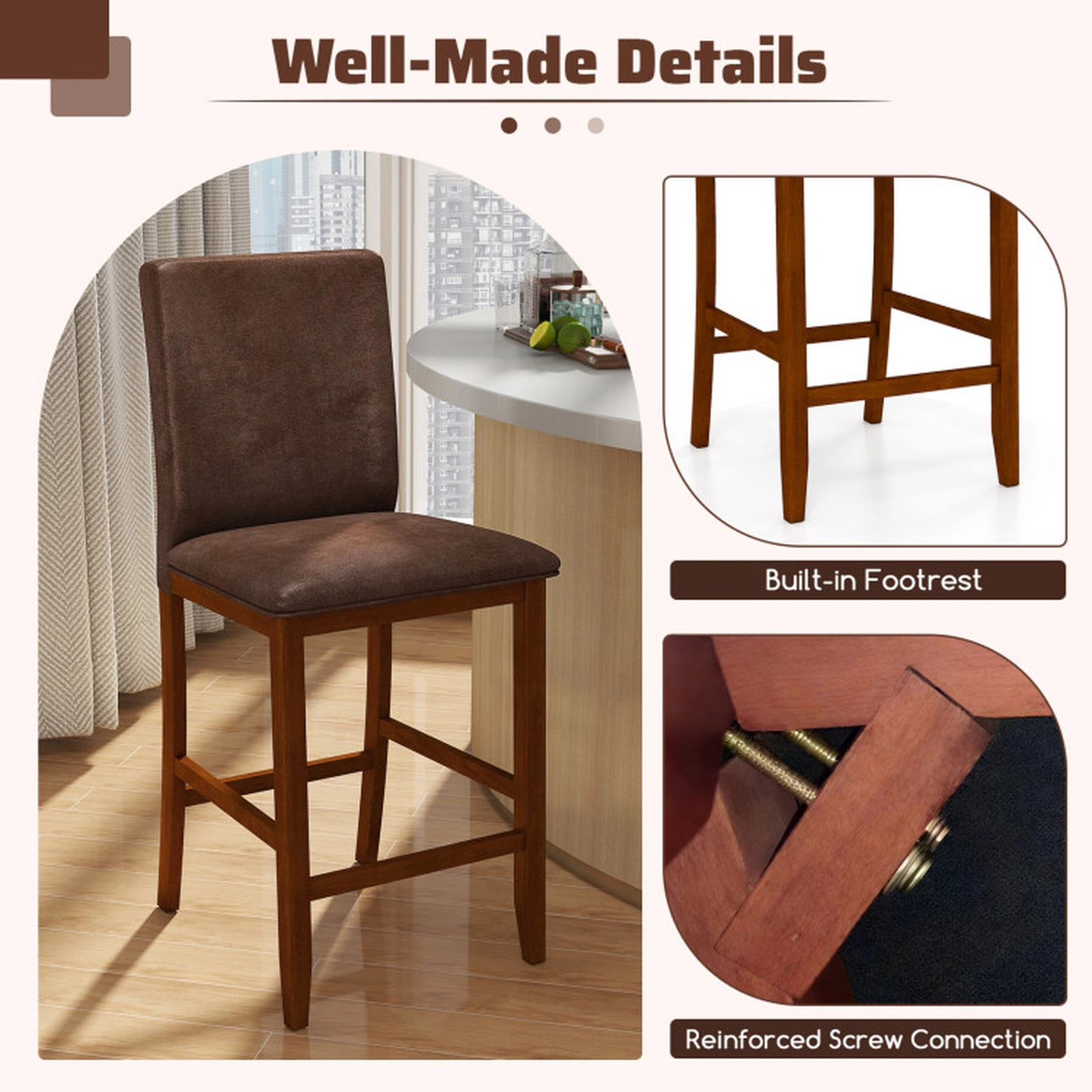 SUGIFT Soft Upholstered Counter Barstools with Rubberwood Legs 330-lb Capacity 26-in Seat Height Walnut + Brown Set of 2