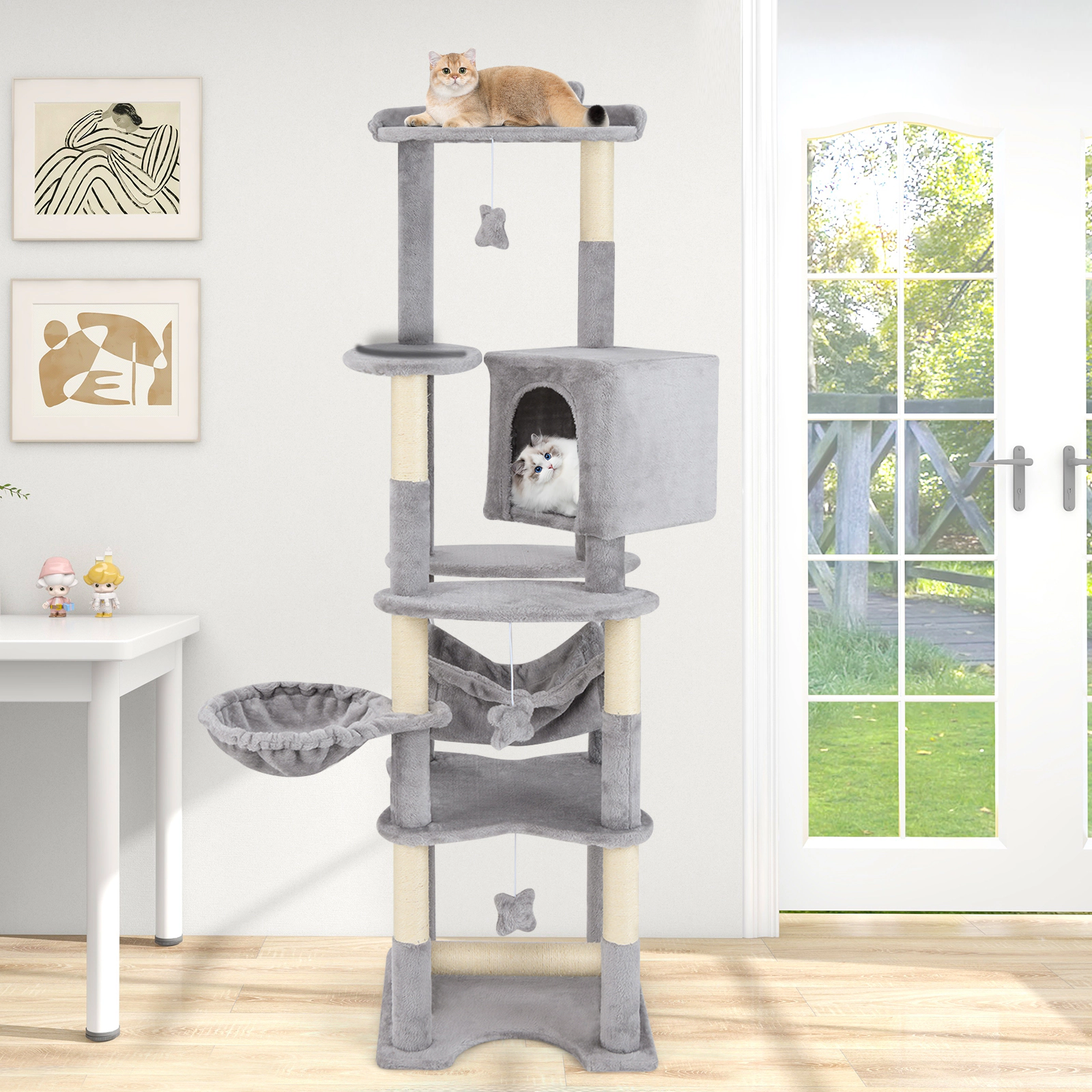 SUGIFT 69-in Multi-level Cat Tree with Top Perch Condo Hammock Basket and Toys 11-lb Capacity Gray + Orange