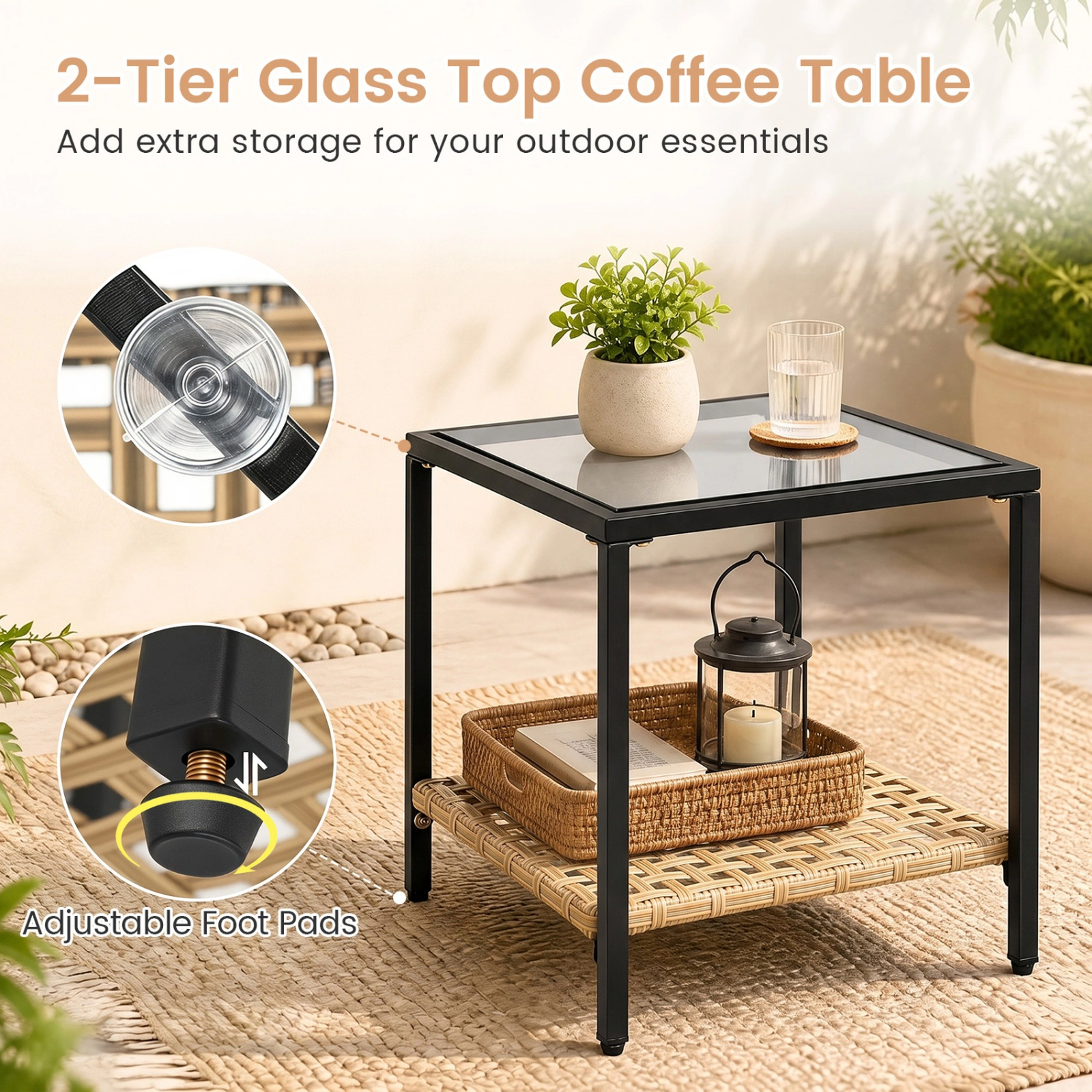 SUGIFT 3-Piece Mixed Yellow Wicker Rocking Patio Set with 2 Chairs and 2-Tier Glass Table