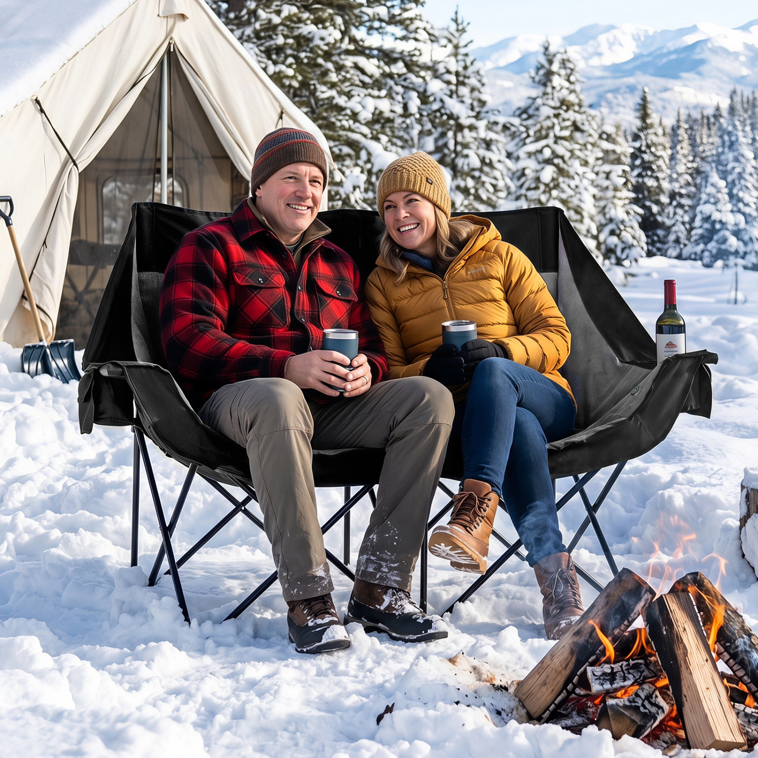 LJG Heated Double Camping Chair with 4 Heating Zones and Wine Glass Holders