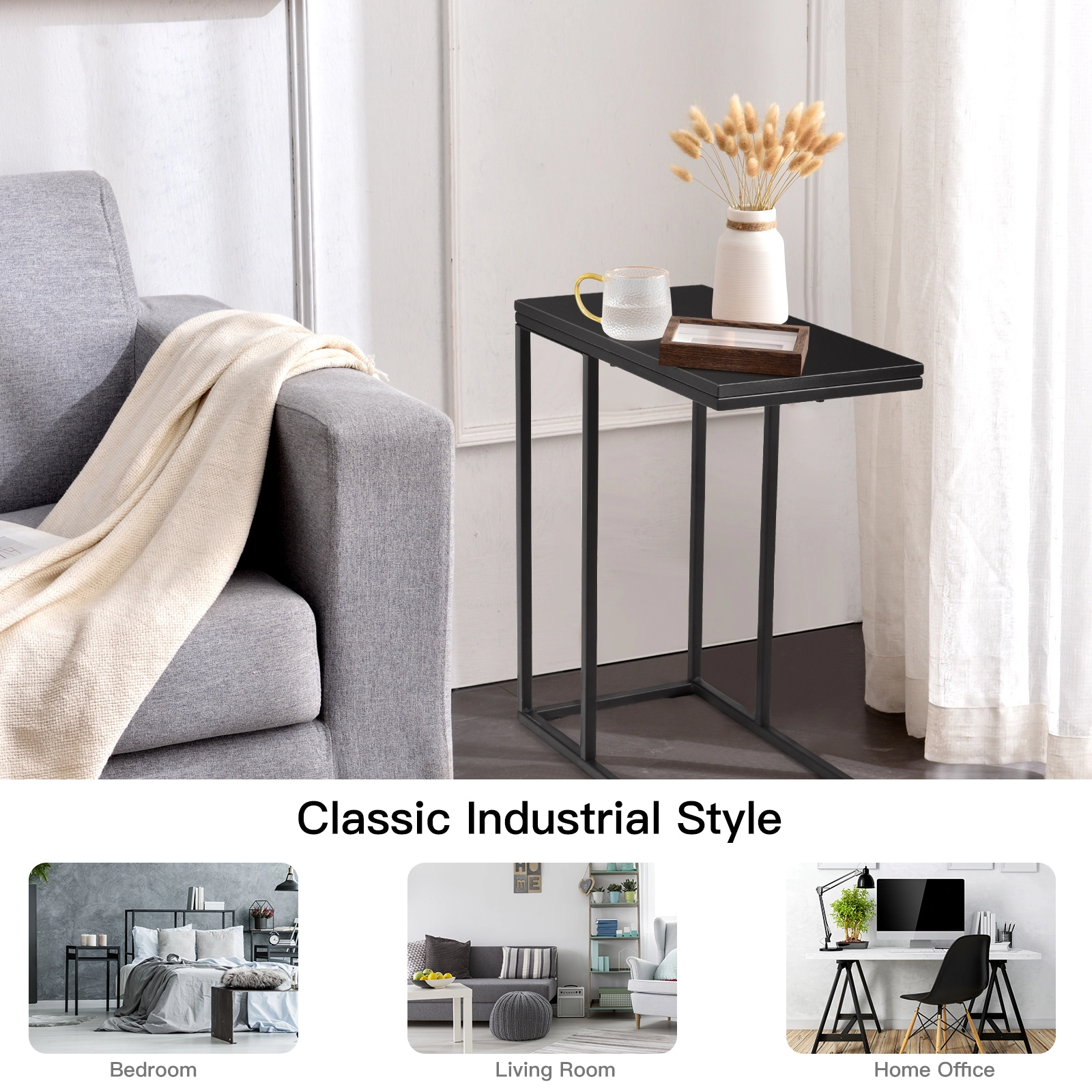Glintex C-Shaped Sofa Side Table with Metal Legs and Slide-Under Base, Black