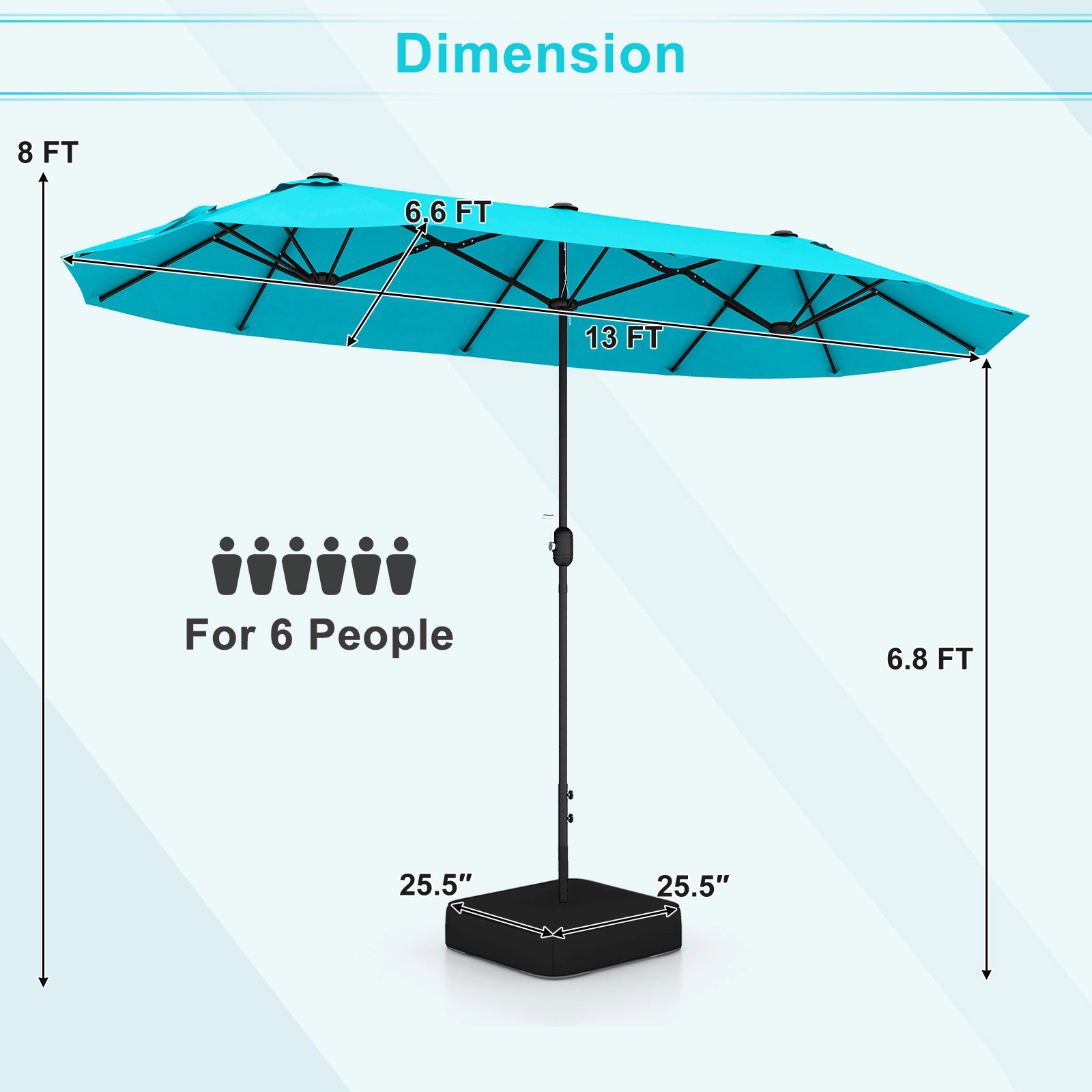 SUGIFT 13-Foot Double-Sided Patio Twin Table Umbrella with Crank Handle and Fillable Cross Base Turquoise