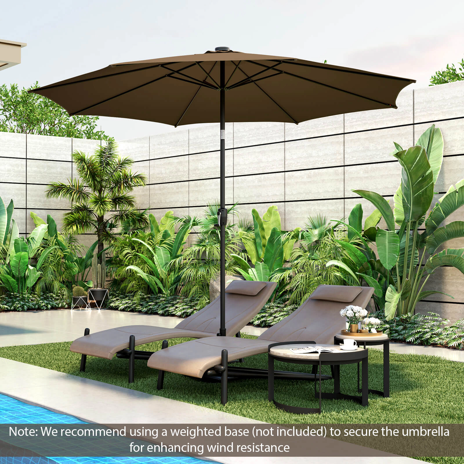 SUGIFT Solar-Lit 10-Ft Patio Umbrella with 112 LED Lights Crank Handle Tilt Coffee
