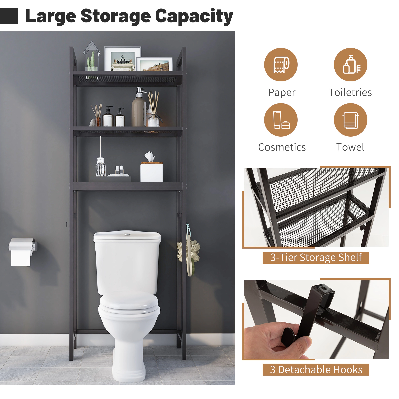 SUGIFT Black 67.5-in Tall Over the Toilet Storage Shelf with 3 Hooks and Metal Mesh Bathroom Organizer