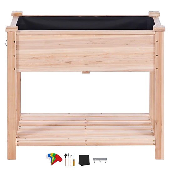 HONGGE 34 x 18 x 30 In Wooden Raised Garden Bed with 2-Tier Storage Shelf, Fir Wood, Holds 165 lbs