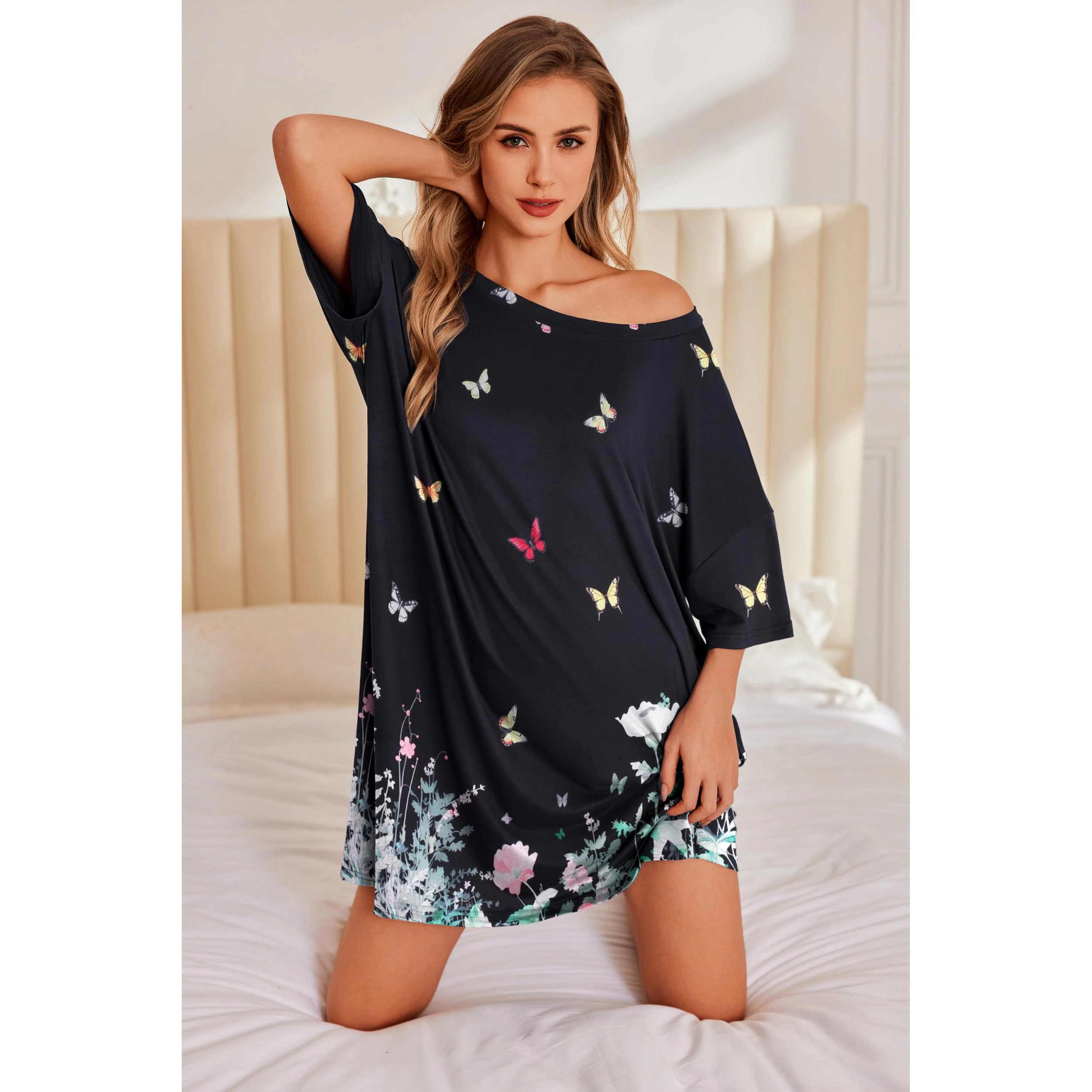 Ekouaer Nightgowns for Women Oversized Sleep Shirt Short Sleeve Nightshirt T-Shirt Dress Sleepwear