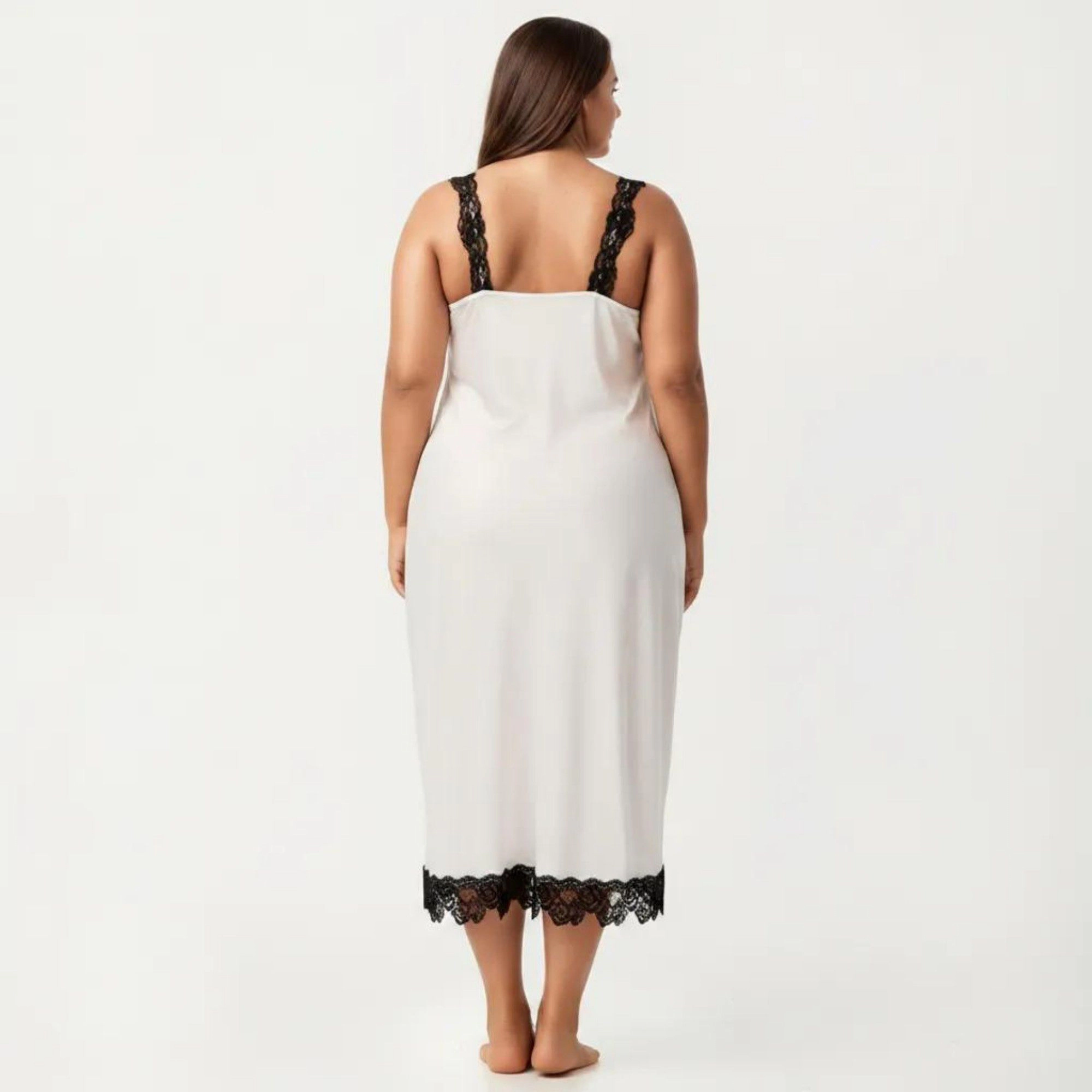 Anna-Kaci Women's Plus Long Satin Chemise Lace Trim Split Hem Nightgown Adjustable Strap Slip Dress