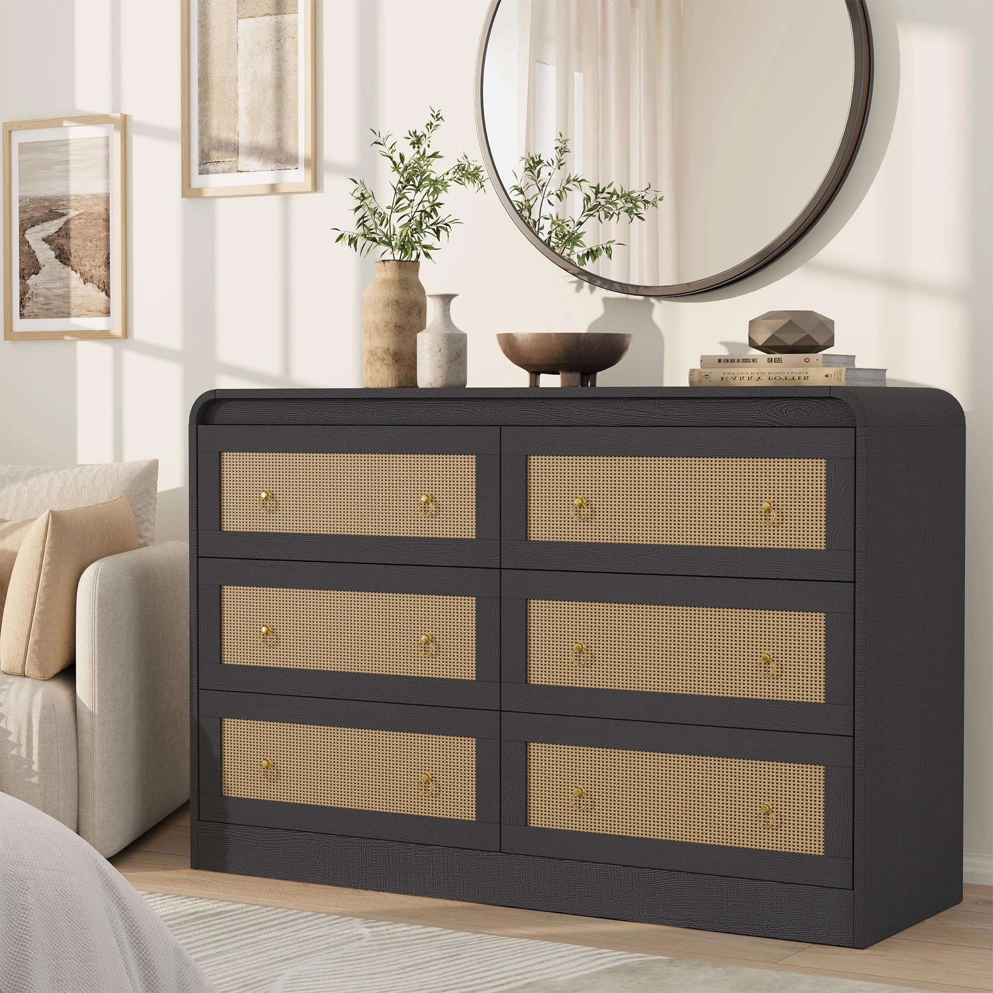 6 Drawer Rattan Dresser with Rounded Corners, 46" Wide Modern Wooden Storage Cabinet for Bedroom Living Room