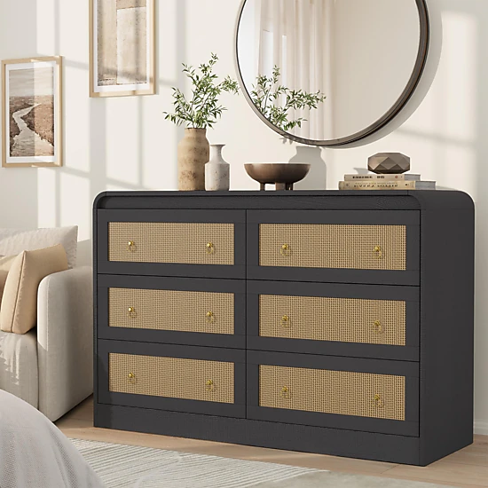 6 Drawer Rattan Dresser with Rounded Corners, 46" Wide Modern Wooden Storage Cabinet for Bedroom Living Room