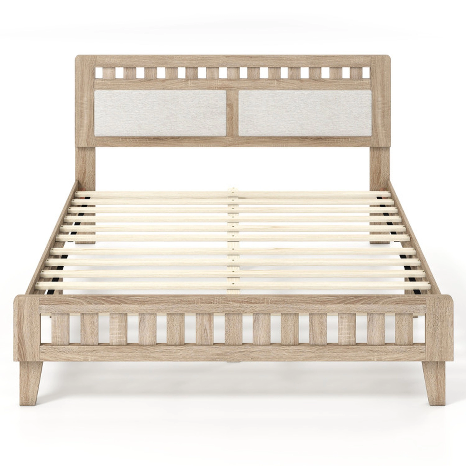 SUGIFT Queen Wood Bed Frame Upholstered Headboard 700-Lb Capacity 85-in Length 80 x 61-in Bed Surface Rustic Oak + Beige