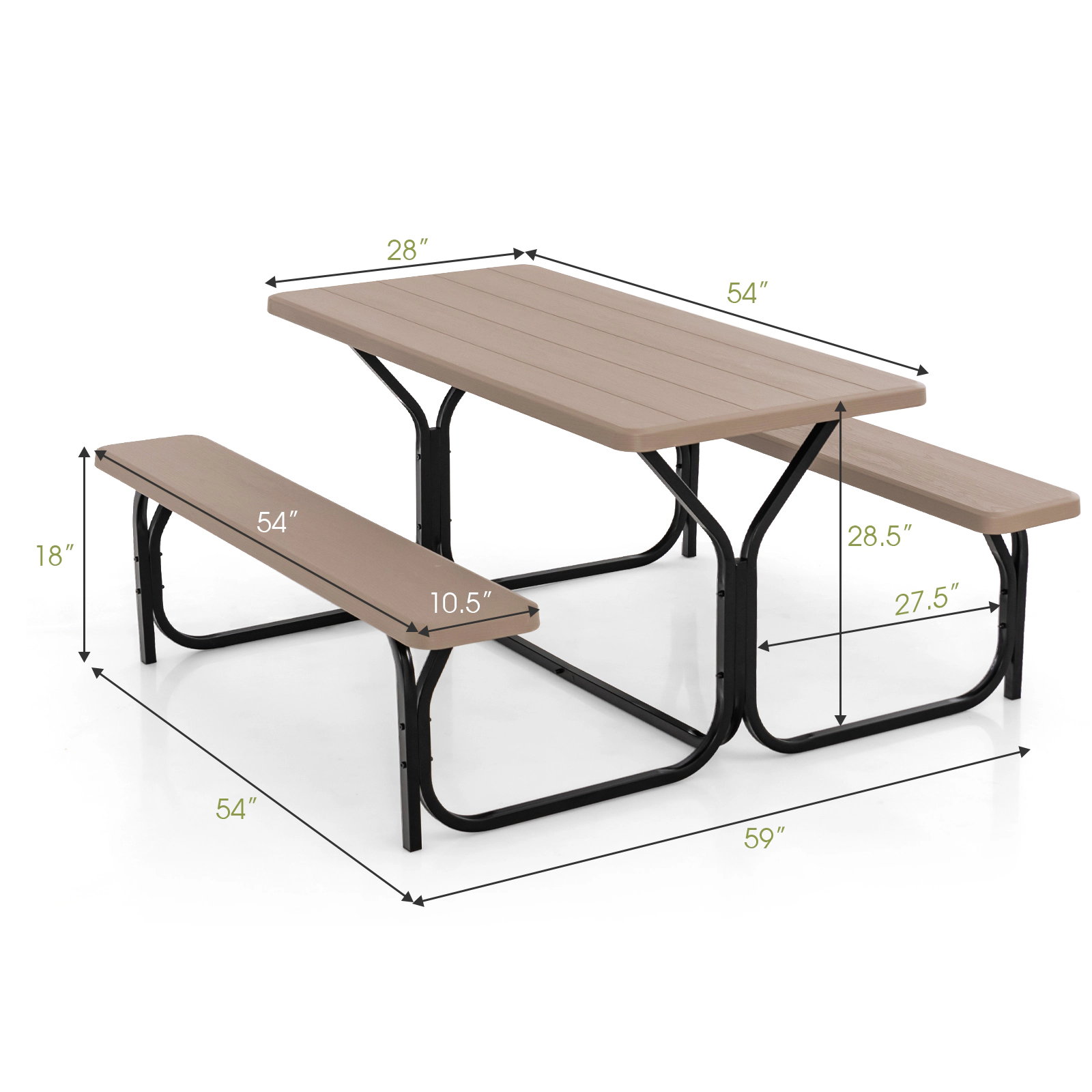 SUGIFT Outdoor Picnic Table Bench Set Coffee HDPE Wood-Look Top with Metal Base