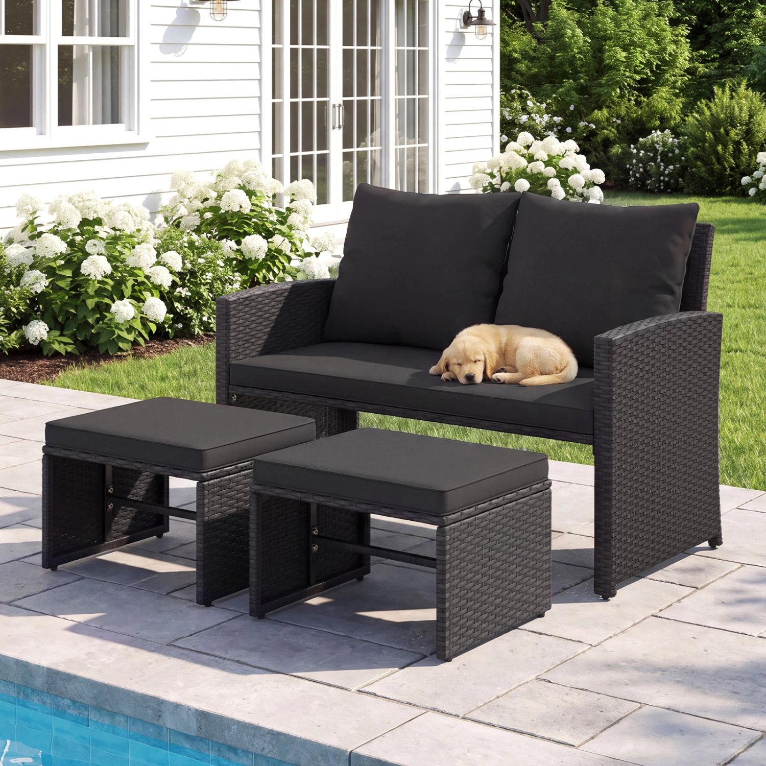 LJG 3 Pieces Outdoor Patio PE Wicker Furniture Set with Cushions
