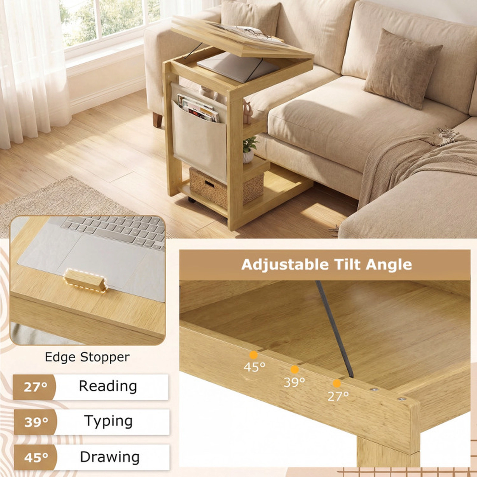 SUGIFT Adjustable Desktop C-Shaped End Table with Hidden Storage 210-lb Capacity Rolling Side Table Natural Brown White