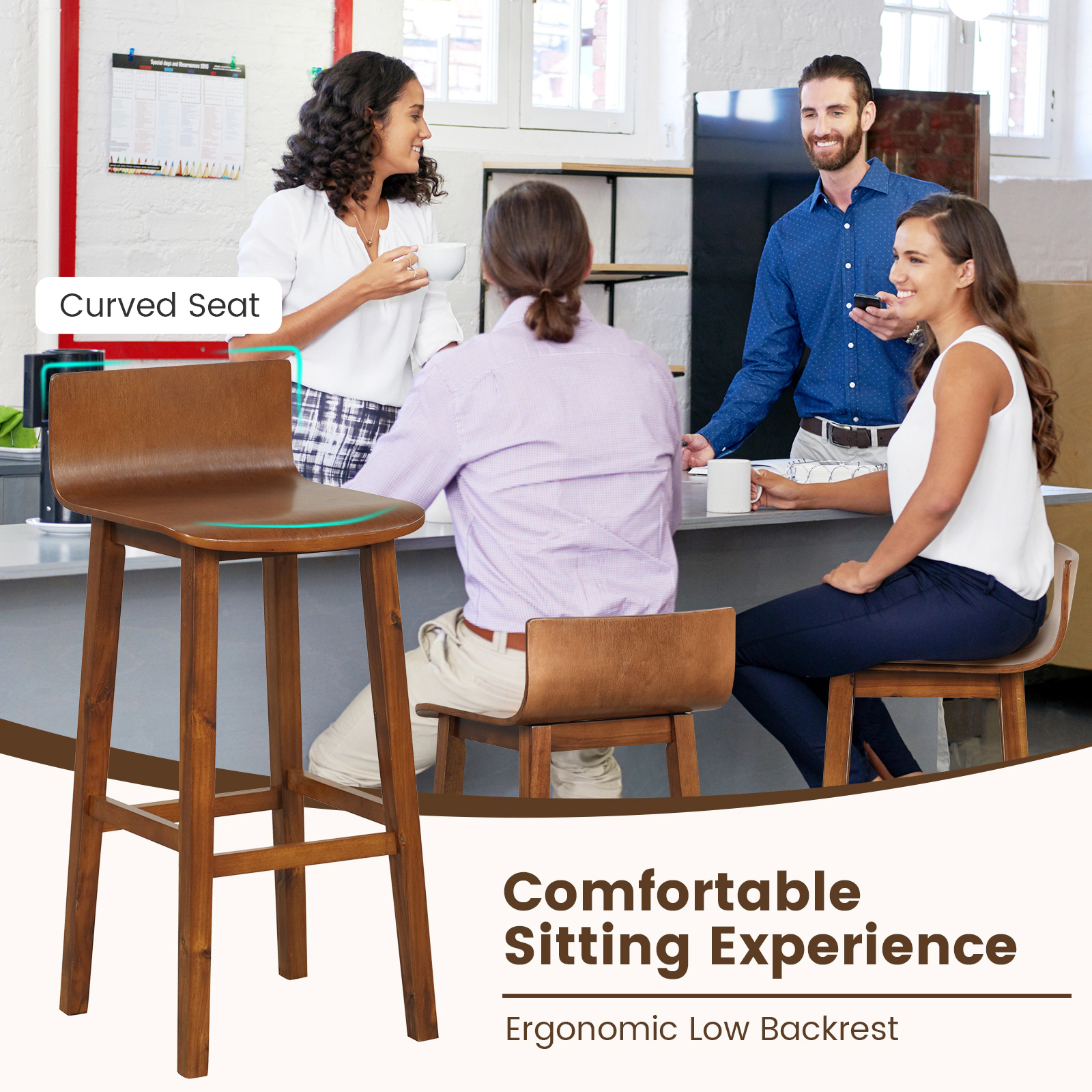 SUGIFT 29-in Solid Wood Bar Stools Set of 2 with Backrest 330-lb Capacity 29-in Seat Height Walnut