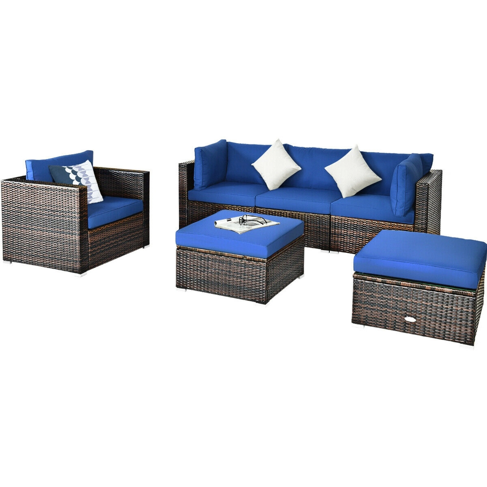 SUGIFT 6 Piece Patio Rattan Furniture Set Blue Sectional Sofa with Ottoman and Cushions