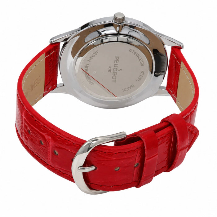 Peugeot Women's 40mm Large Face Watch with Bold Arabic Numerals and Red Leather Band