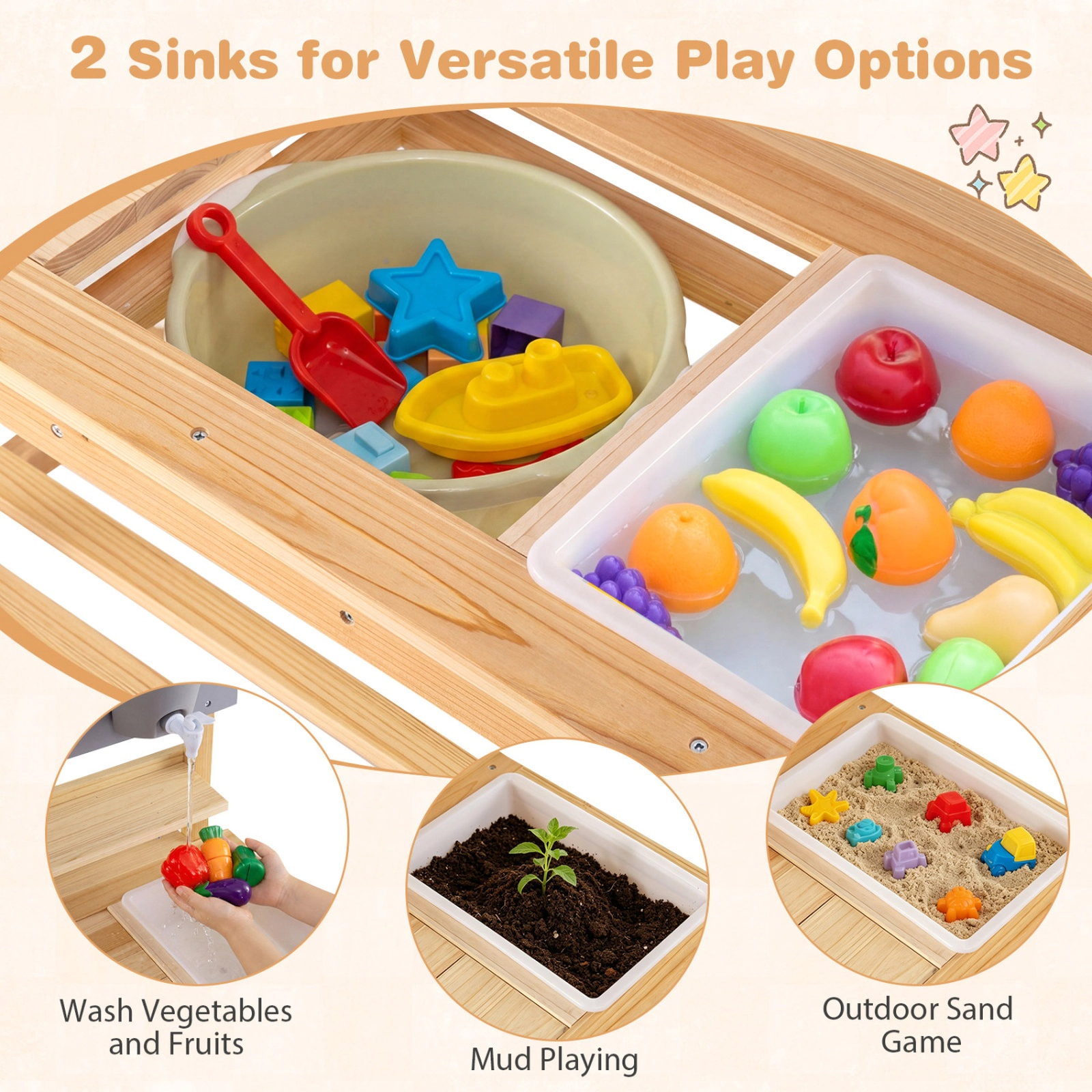 SUGIFT Outdoor Kids Mud Kitchen with Pull-Out Tabletop Water Basin and Storage Shelves Ages 3+ 31.5-in Tall Natural