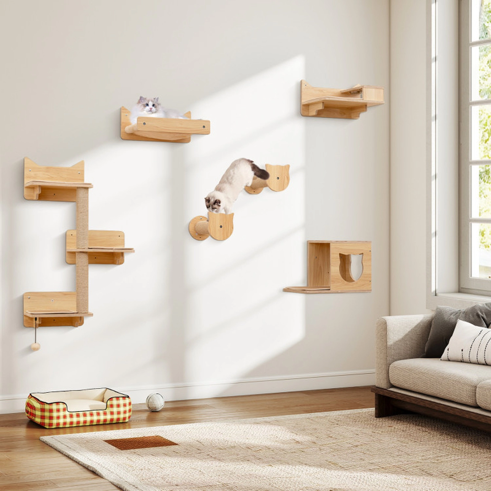 SUGIFT 6-Piece Wall-Mounted Cat Furniture Set with Tree, Condo and Feeding Station 22-lb Capacity Natural