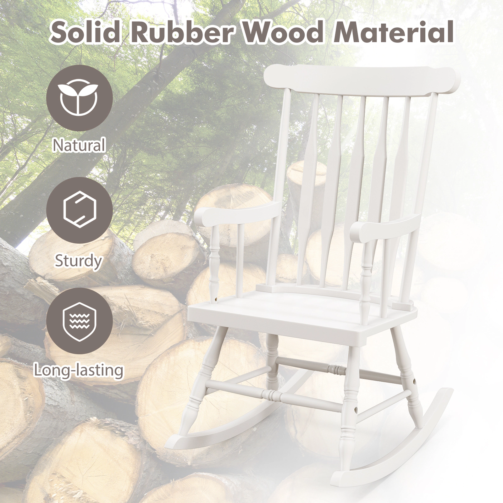 SUGIFT White Solid Rubber Wood Rocking Chair, 300 lb Capacity
