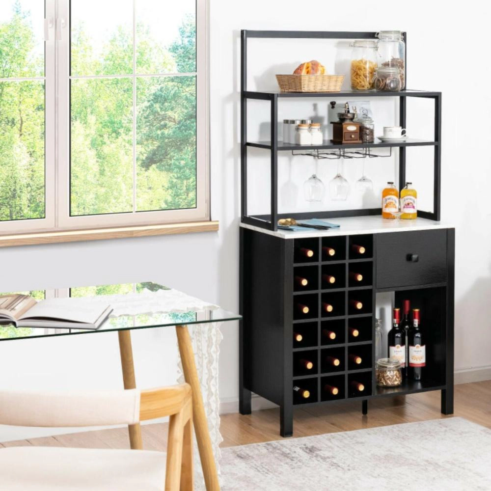 Hivvago Kitchen Bakers Rack Freestanding Wine Table With Glass Holder And Drawer