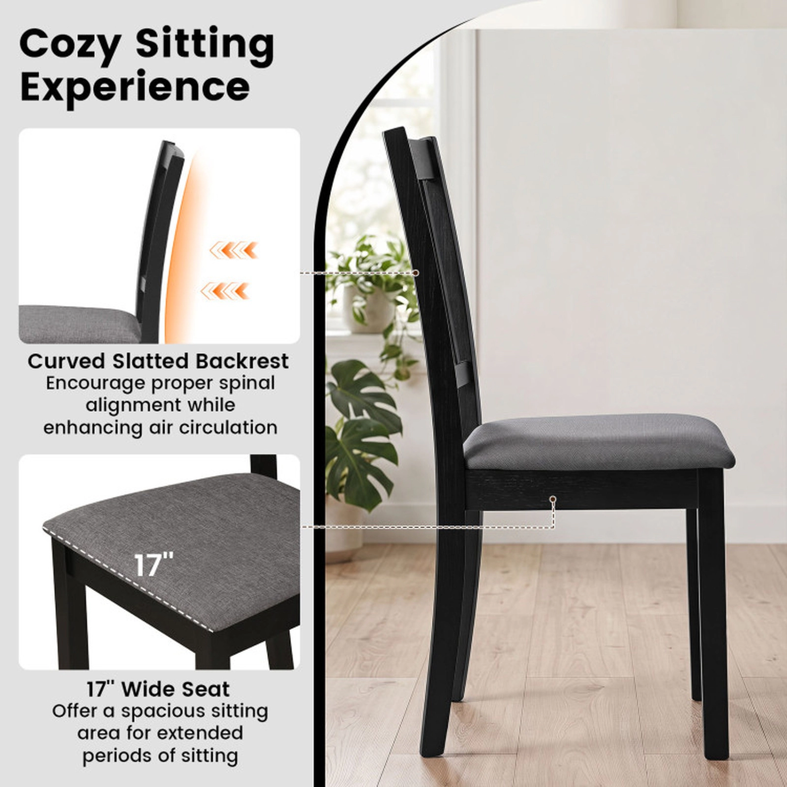 SUGIFT Black Wooden Upholstered Padded Seat and Rubber Wood Frame Set of 4 Dining Chairs