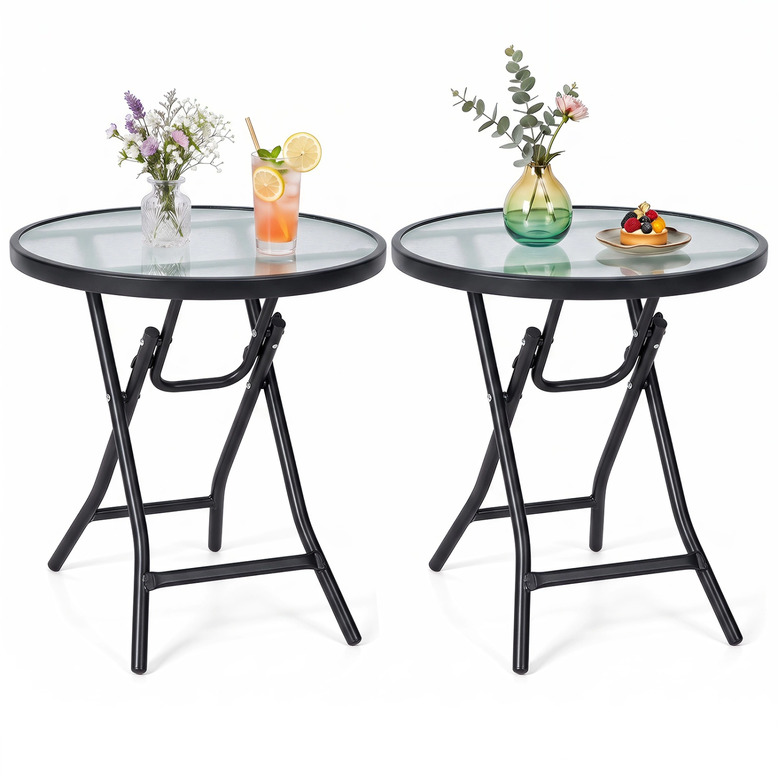 SUGIFT Set of 2 Folding Round Patio Side Tables with Tempered Glass Top 18 x 18.5-in Surface 110-lb Capacity Black