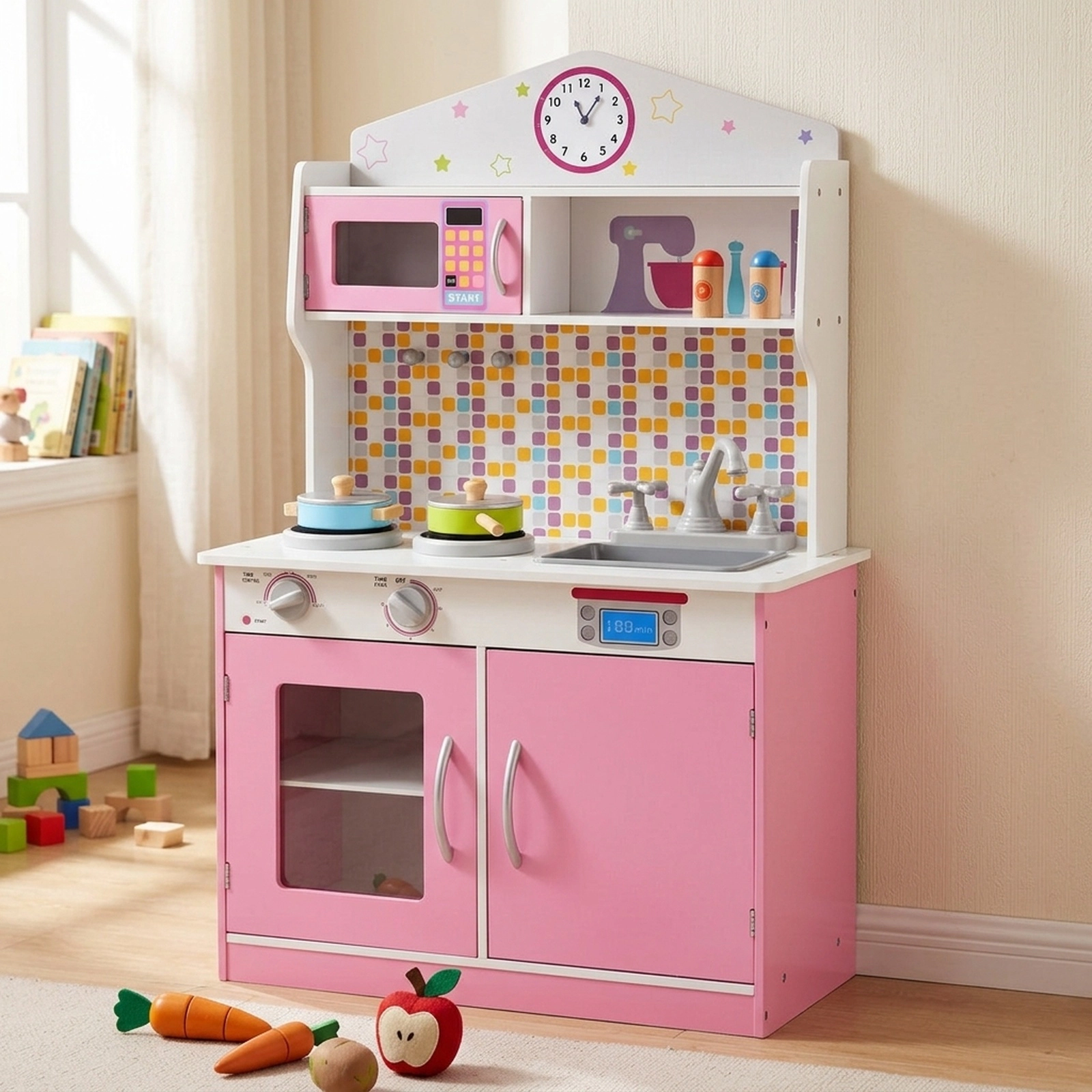 Kids Play Kitchen Playset Opening Cabinet Doors Working Knobs Cookware 23.6-in Compact Wooden Kitchen Set Ages 3-8 Pink