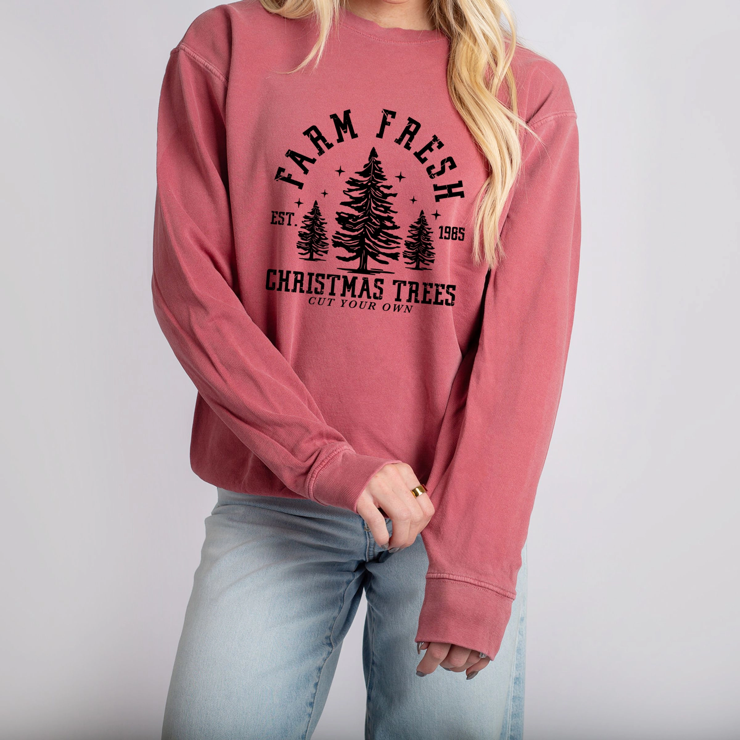 Simply Sage Market - Women's Lightweight Garment Dyed Sweatshirt Farm Fresh Christmas Trees Stars