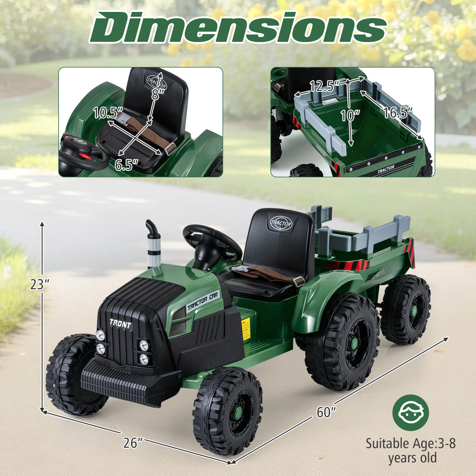 Costway 24V Ride On Tractor for Kids with Detachable Trailer Remote Control Music