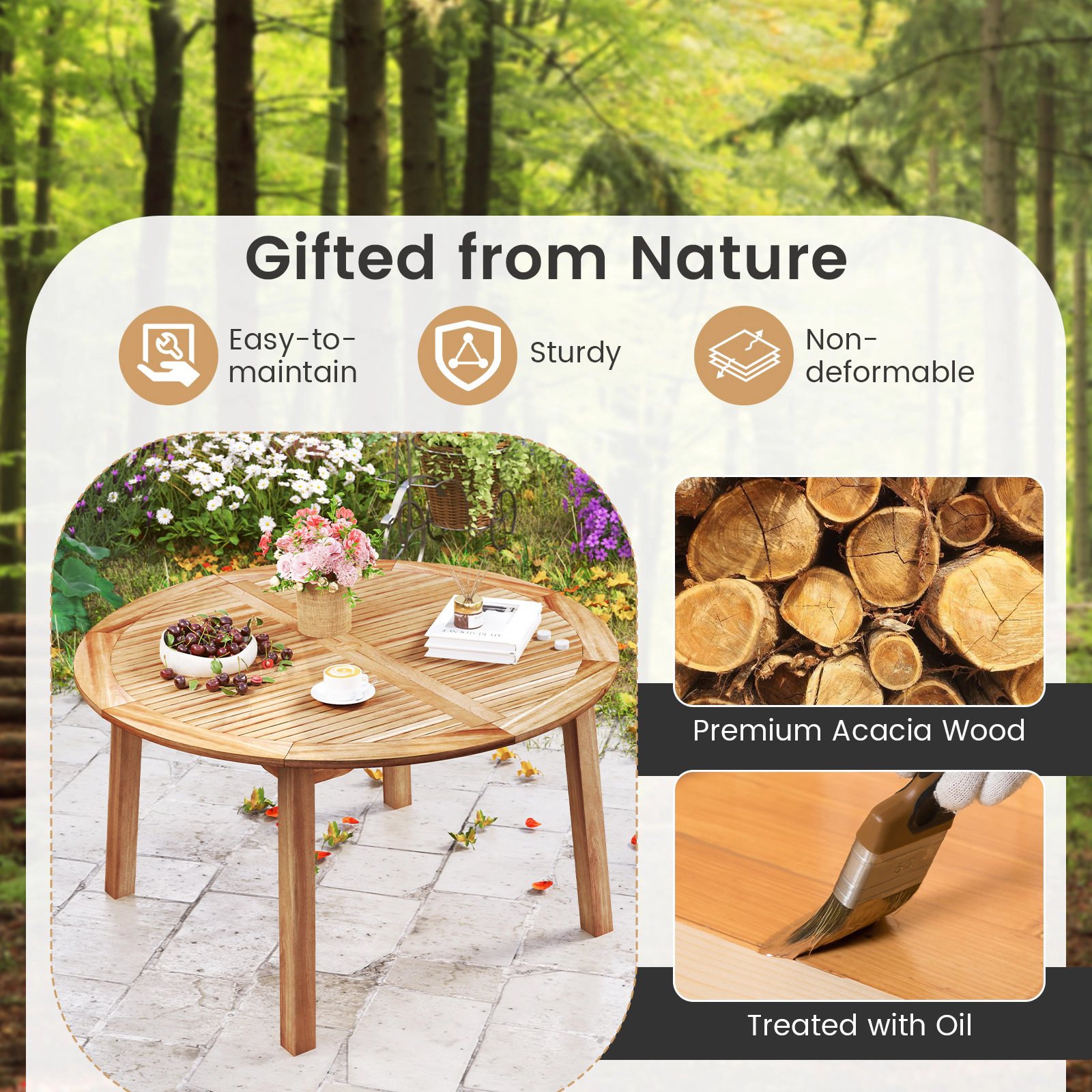 LJG 5 Pieces Acacia Wood Patio Dining Set with Umbrella Hole