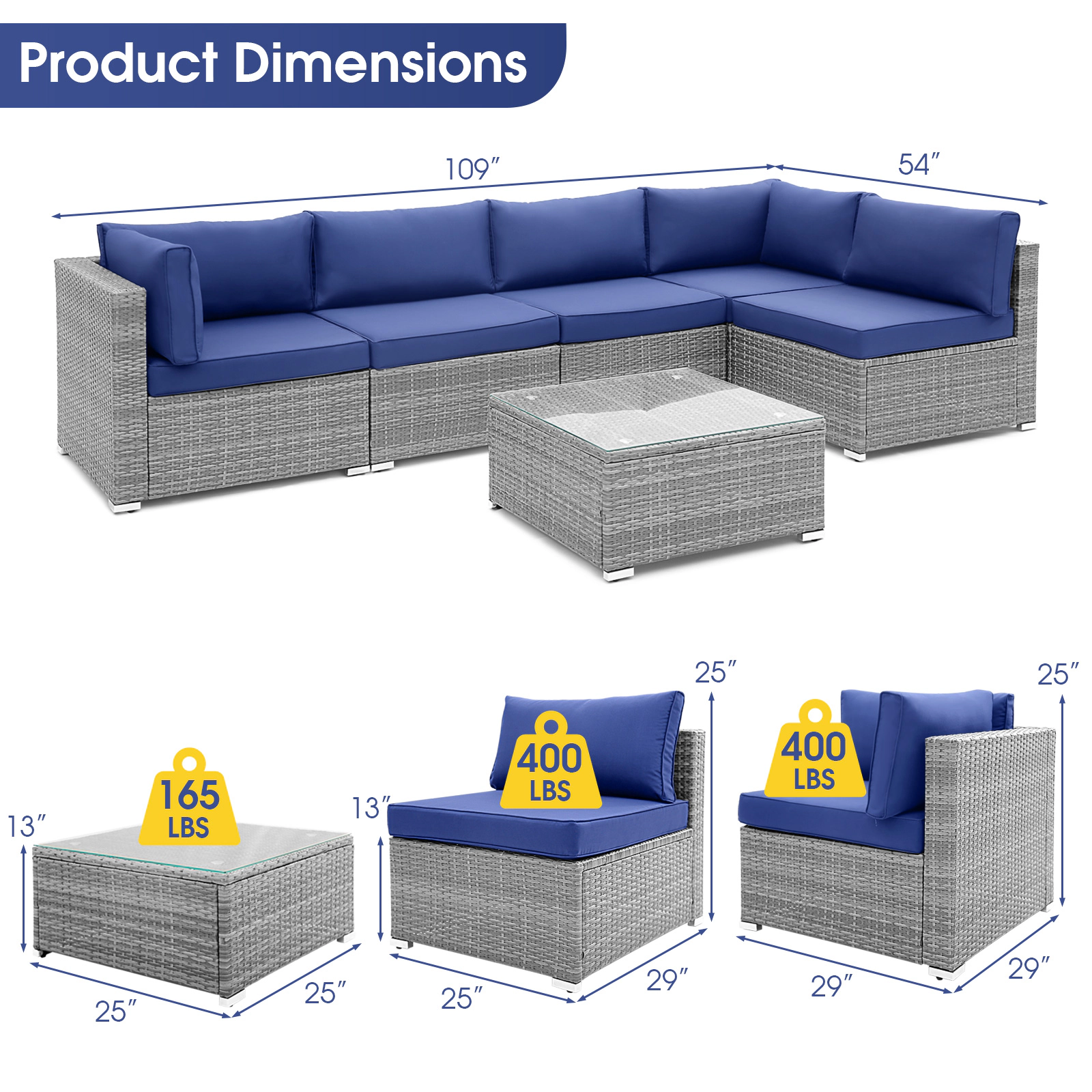 SUGIFT X-Frame Metal Base and Glass Table 6-Piece Navy Patio Conversation Sofa Set