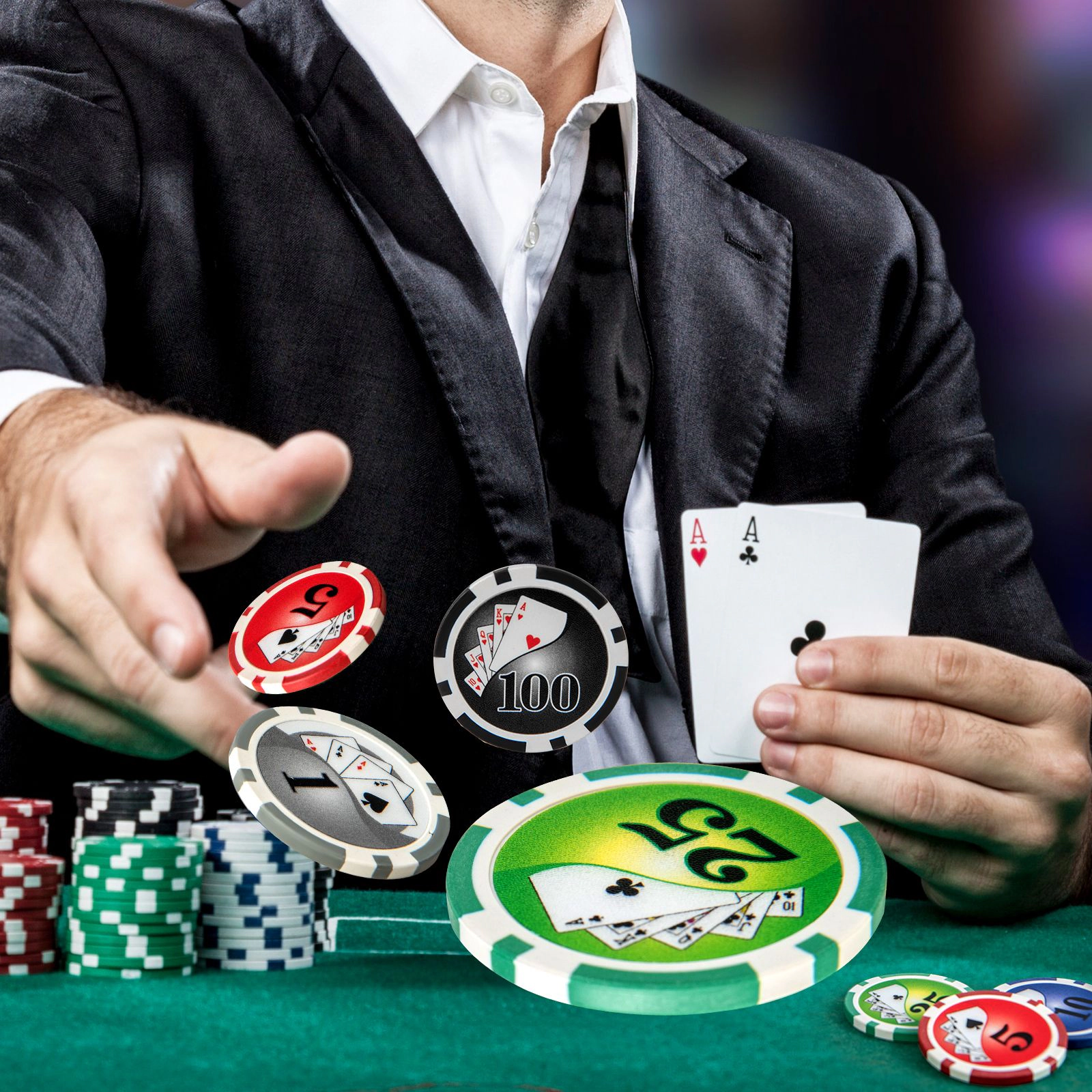 SlickBlue Complete Poker Game Set with Chips, Cards, Felt Mat, and Dealer Button