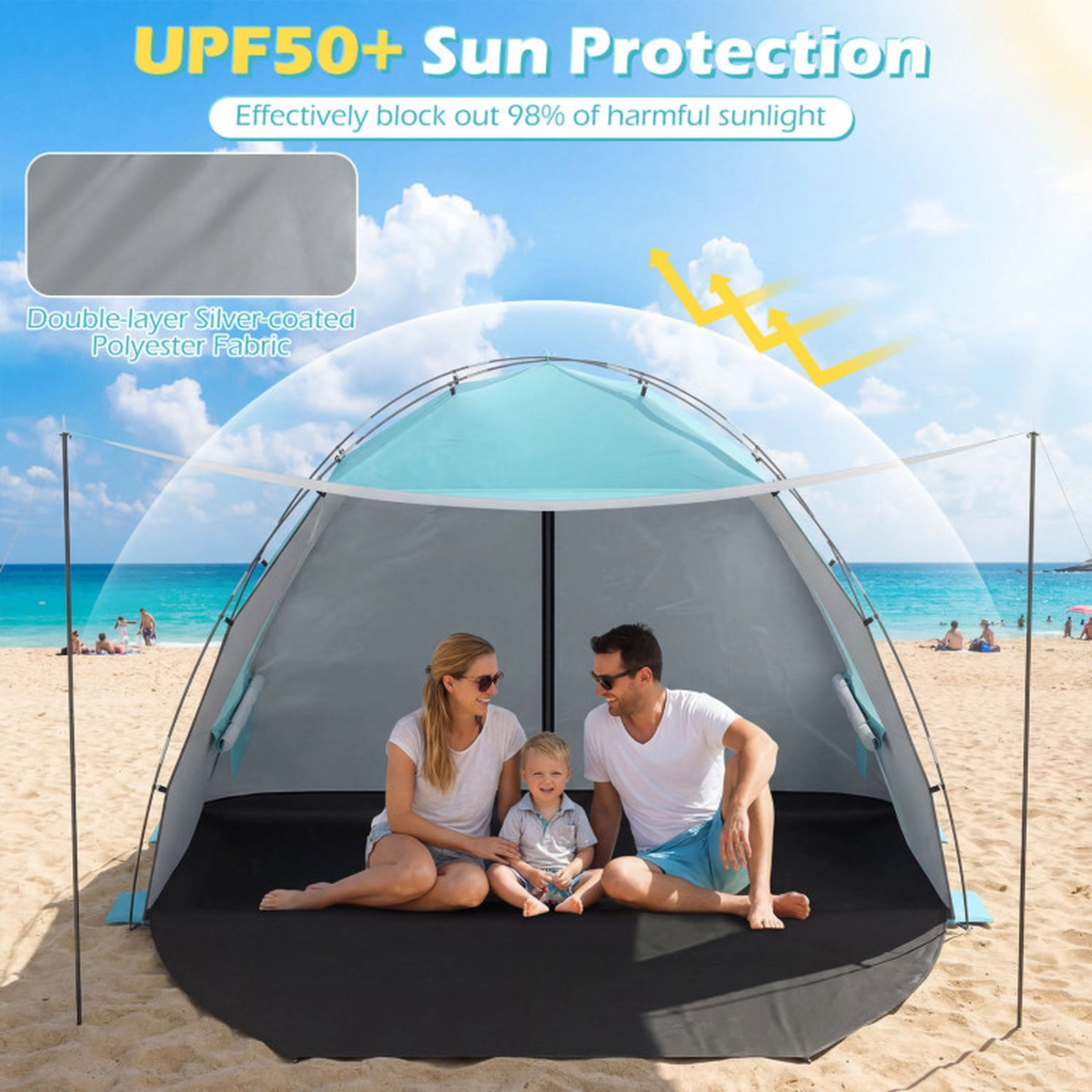 SUGIFT Blue Beach Tent Sun Shelter with Extended Floor 2 Vent Windows and 10 Stakes 87-in W 59-in D 59-in H