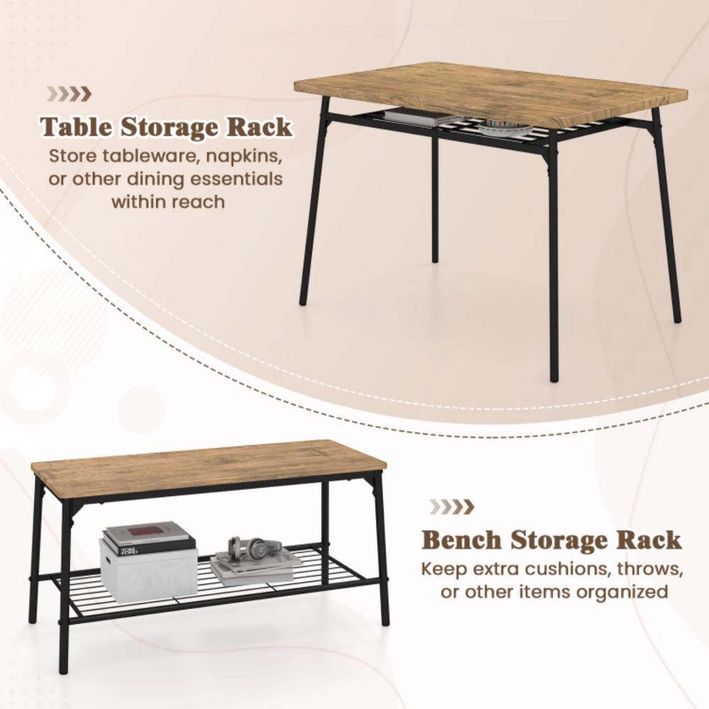 Hivvago 4 Piece Dining Table Set For 4 Metal Frame With Bench And 2 Chairs-Brown