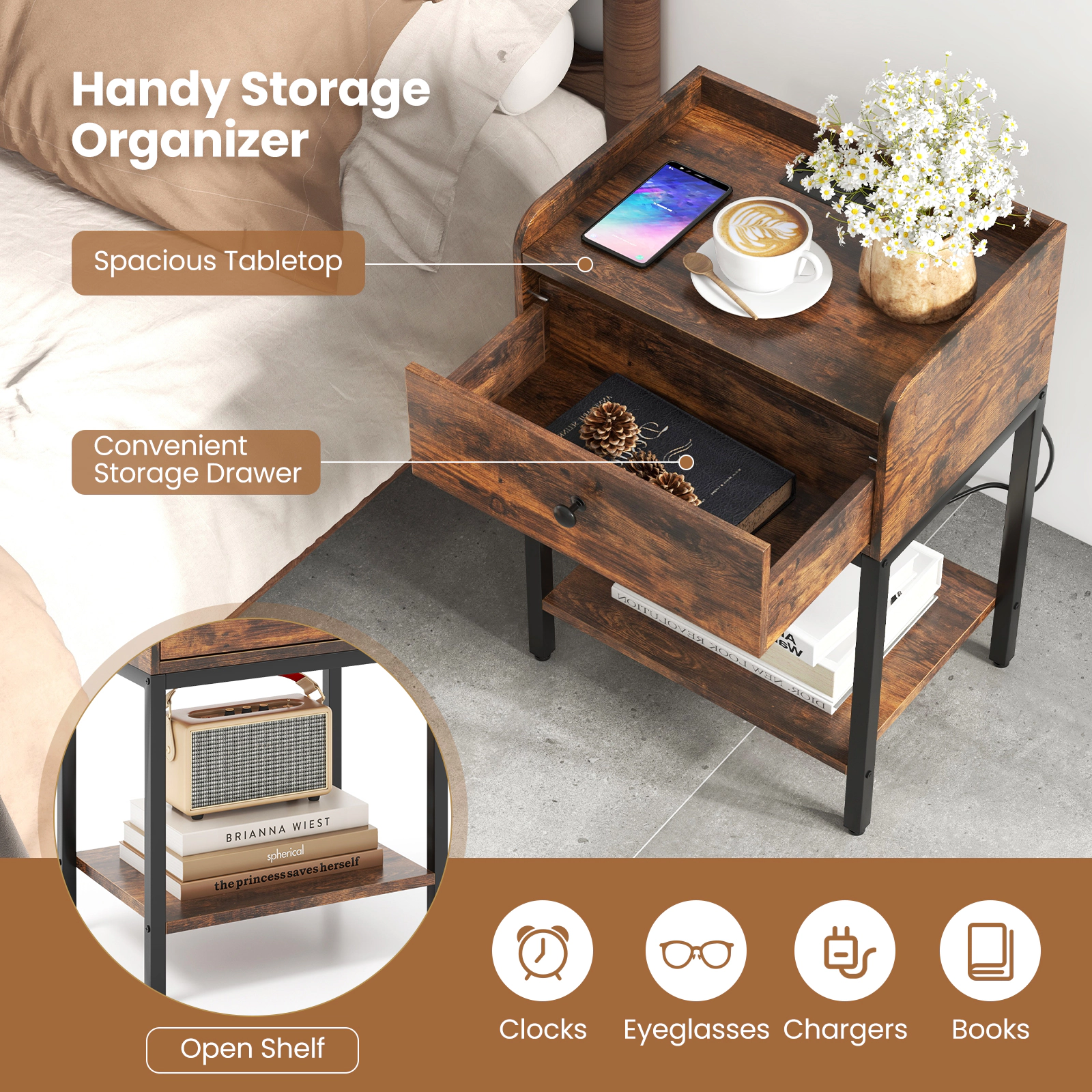 Glintex Industrial Nightstand with Charging Station and Anti-Falling Tabletop Baffle, Rustic Brown