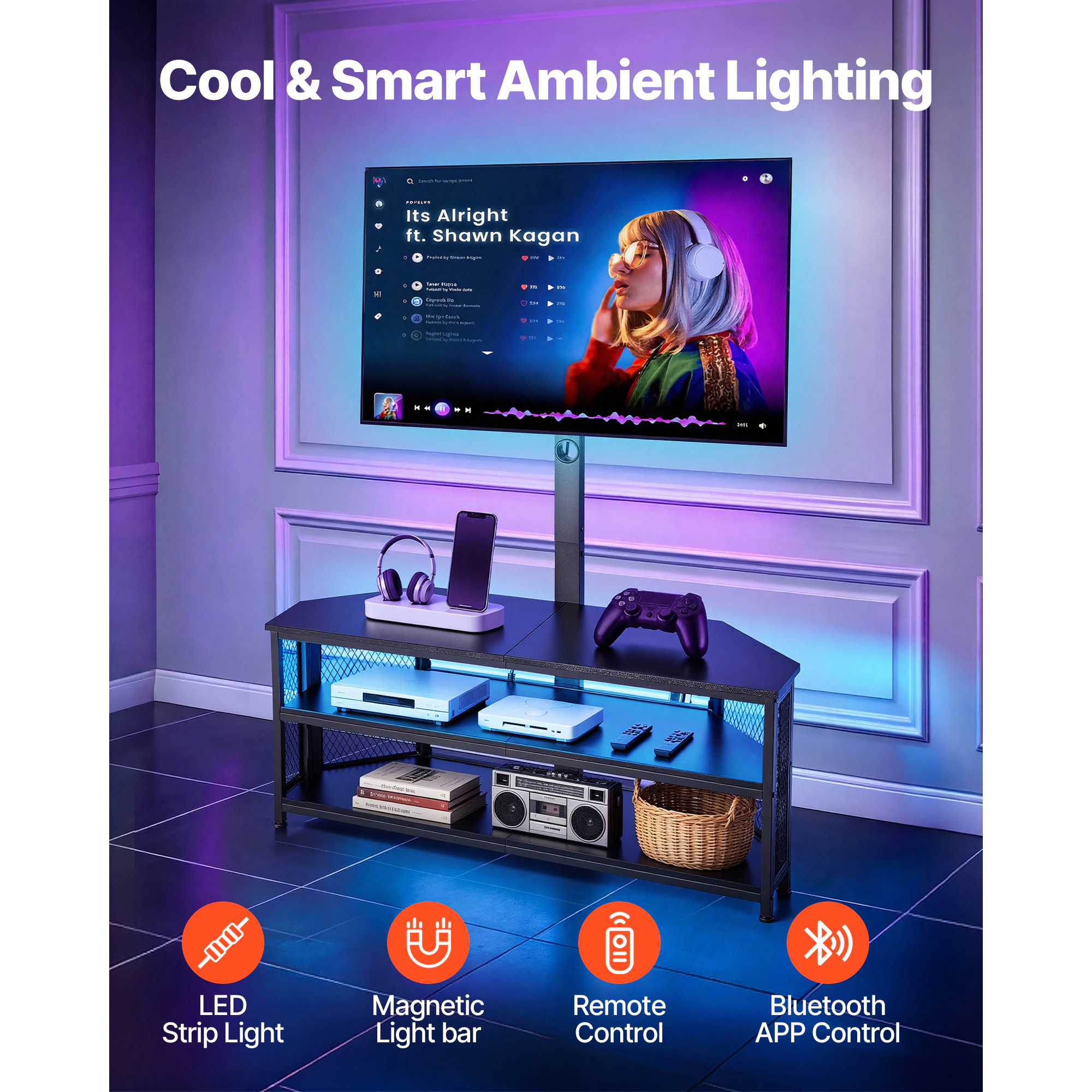 HONGGE TV Stand Console with Power Outlet for 32-75 Inch TVs, Height Adjustable Entertainment Center with Storage