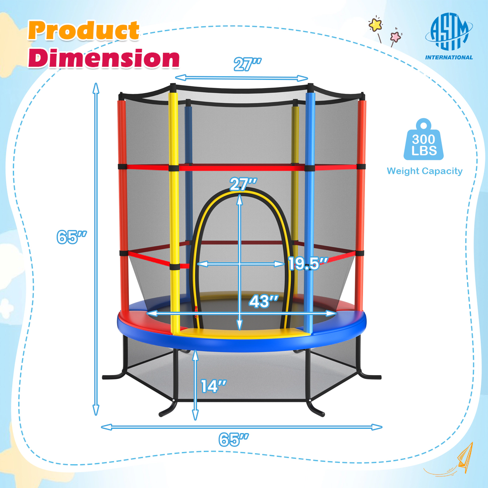 55-in Kids Trampoline Safety Enclosure Net 30 Tension Ropes 300-lb Capacity L-Shaped Steel Legs Yellow Jumping Mat