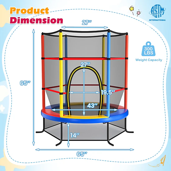 55-in Kids Trampoline Safety Enclosure Net 30 Tension Ropes 300-lb Capacity L-Shaped Steel Legs Yellow Jumping Mat