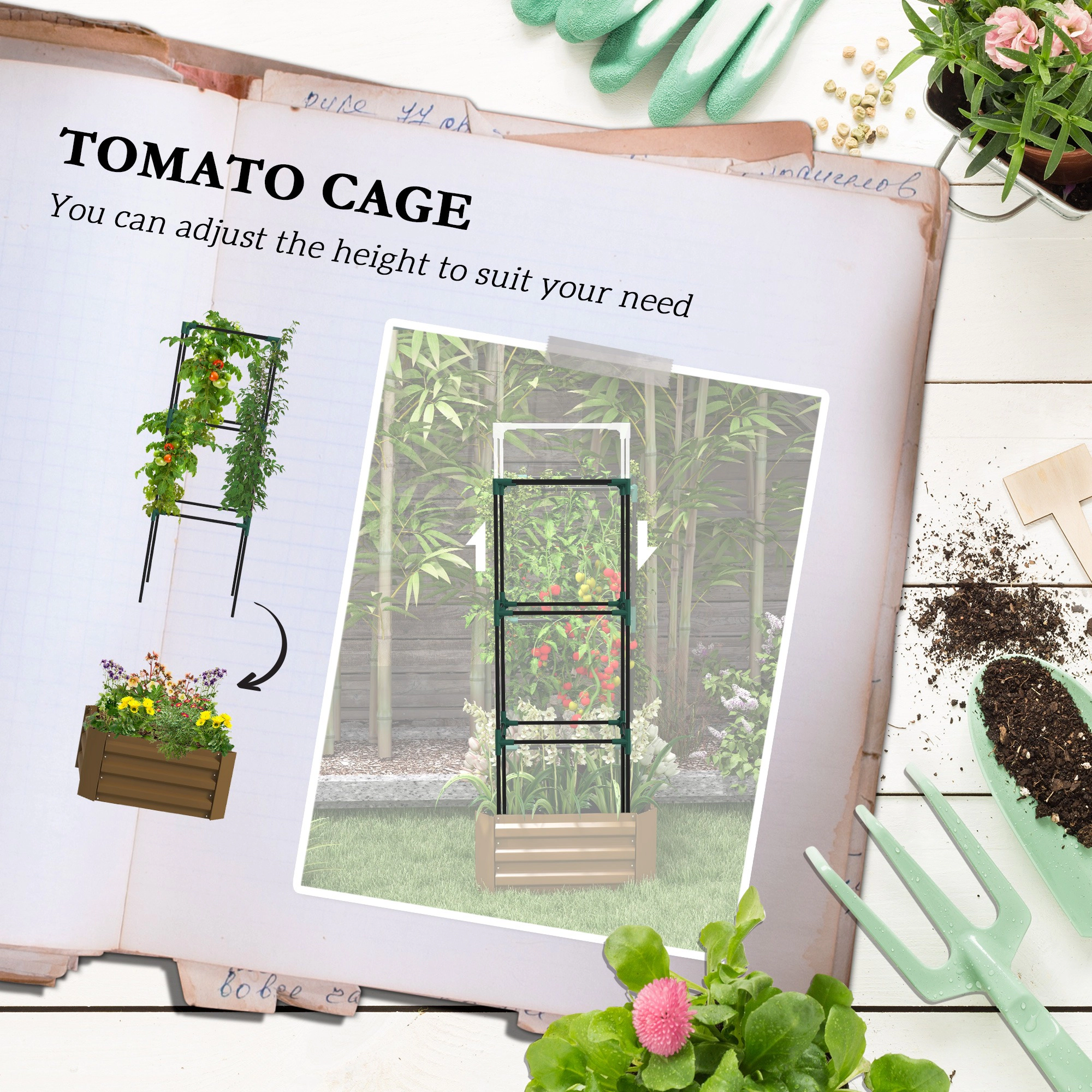 HONGGE Galvanized Planter Box 24" x 55" Raised Garden Bed with Tomato Cage for Climbing Vines
