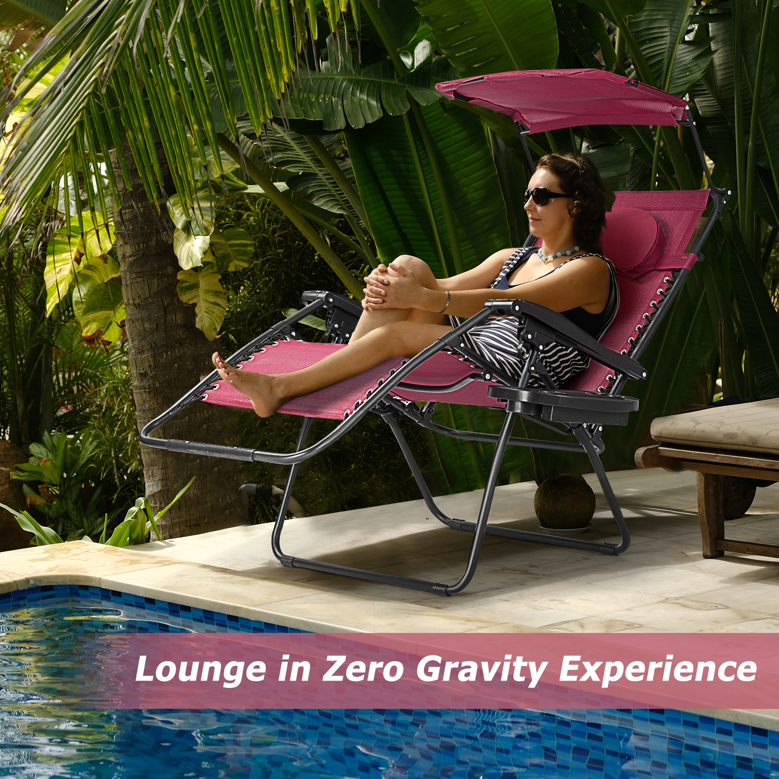 SUGIFT Folding Recliner Lounge Chair Adjustable Shade Canopy & Cup Holder 250-lb Capacity Dark Red Fabric Black Frame