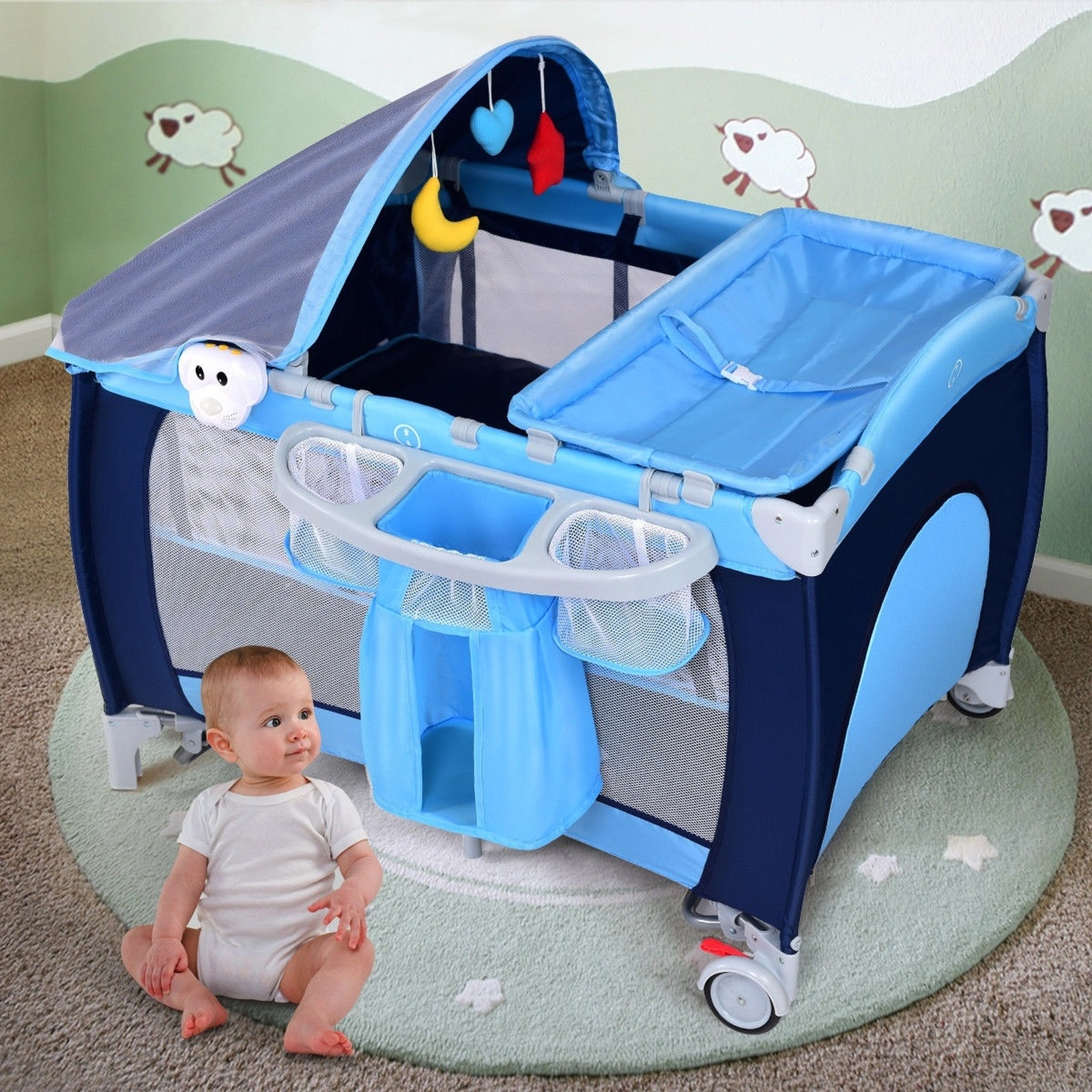 SUGIFT Baby Mosquito Net Bassinet Changing Table Foldable Crib Playard 43.5-in x 31-in x 47.5-in 33-lb Capacity Blue