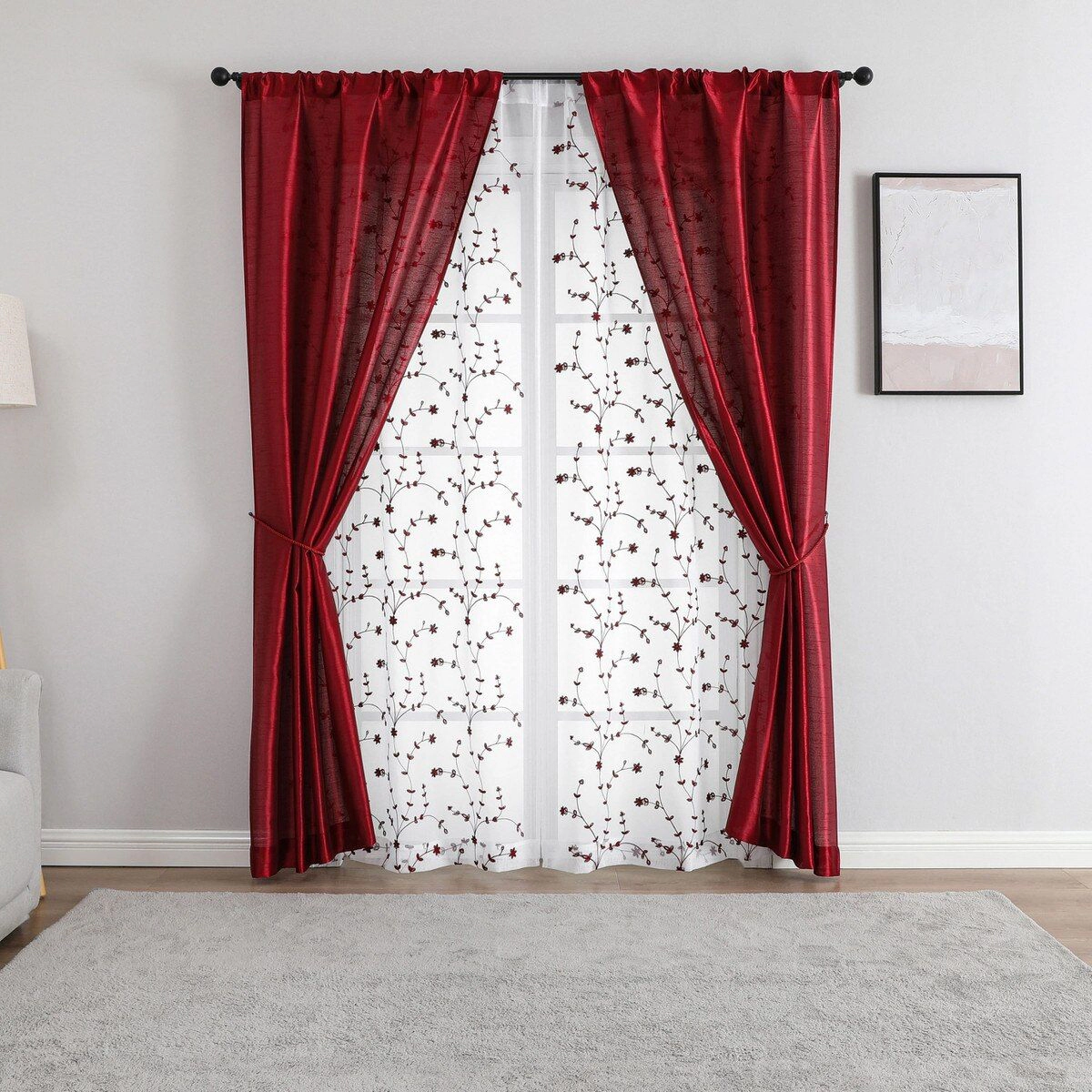 Kate Aurora Gloria Embroidered 6 Piece Rod Pocket Coordinating Sheer Window Curtain Panels