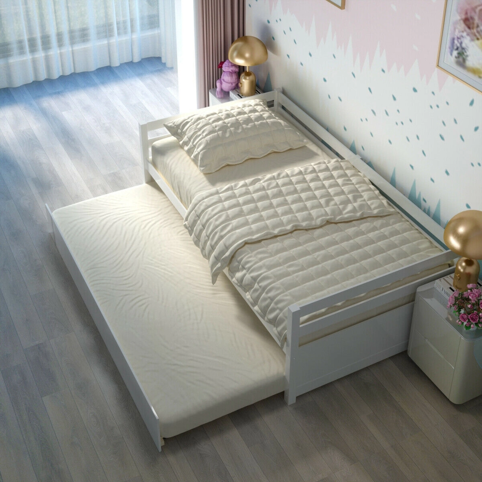 SUGIFT Twin Wood Daybed with Roll-Out Trundle, White Slatted Platform Frame